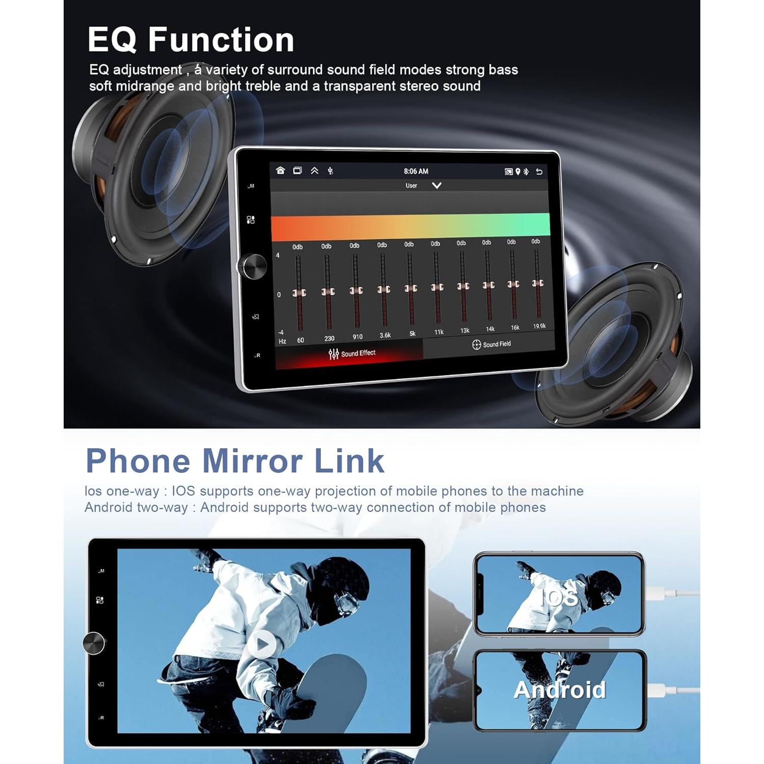 Radio de un solo din Podofo 10.4" HD Carplay Android Auto GPS