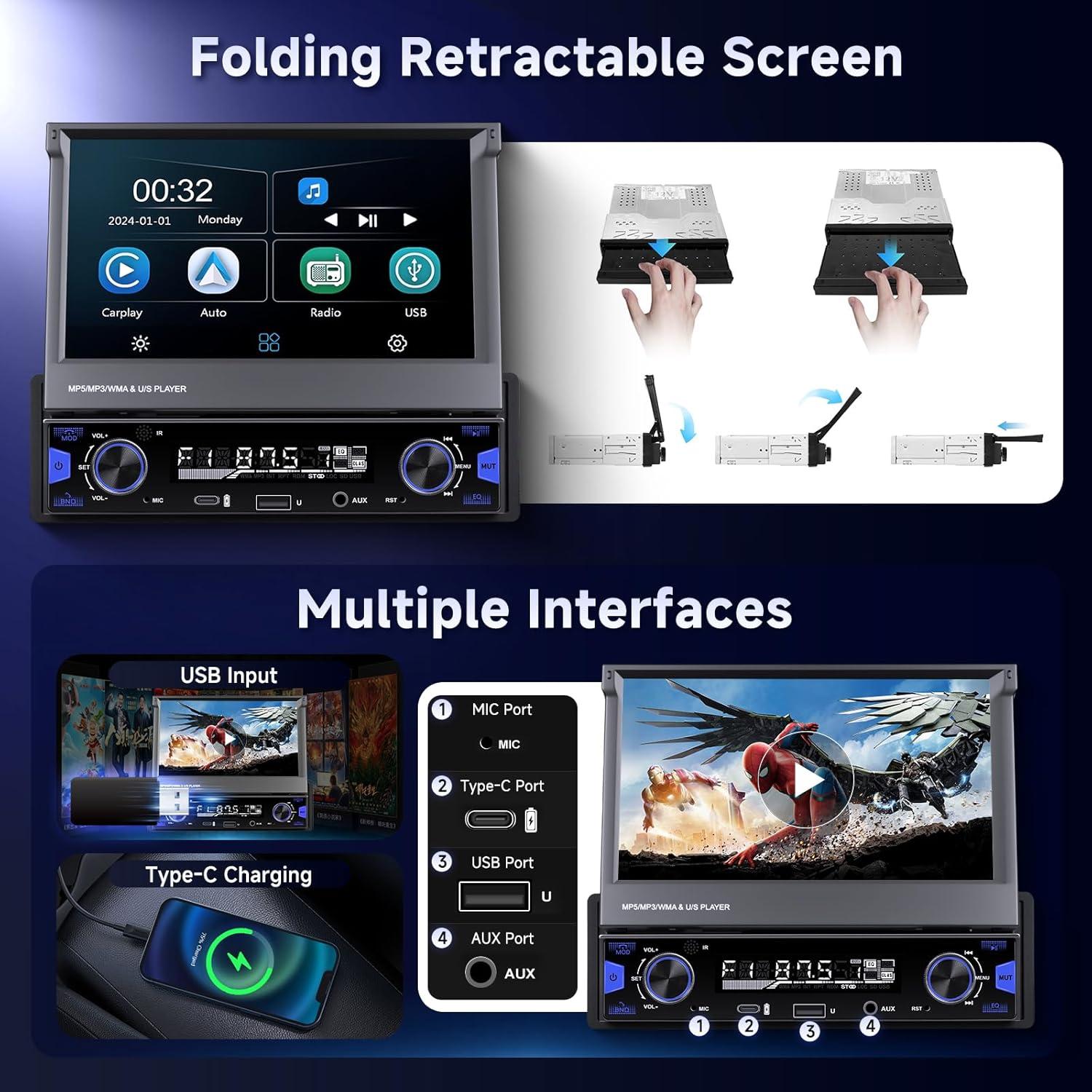 Estéreo de Coche Driauto 1 Din Pantalla Táctil 7" CarPlay