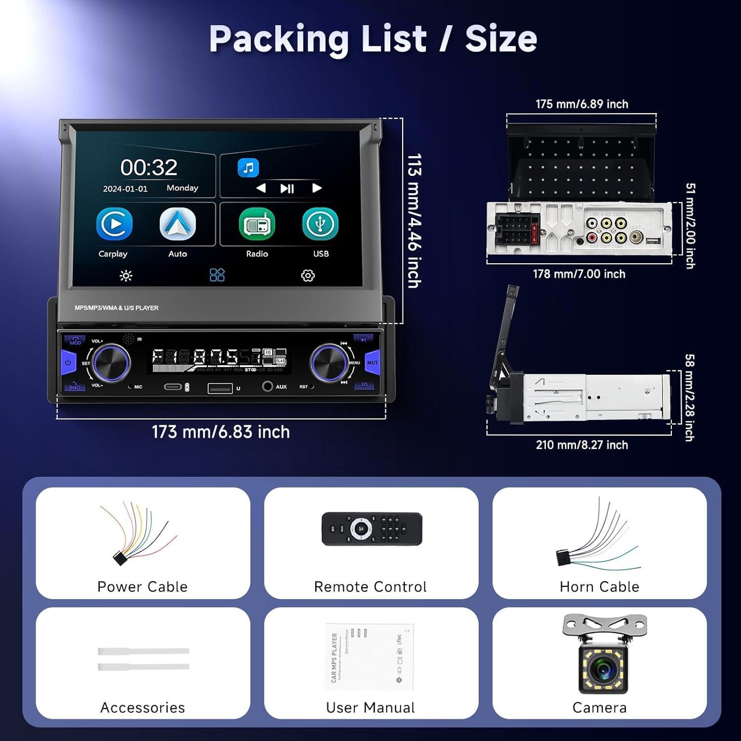 Estéreo de Coche Driauto 1 Din Pantalla Táctil 7" CarPlay