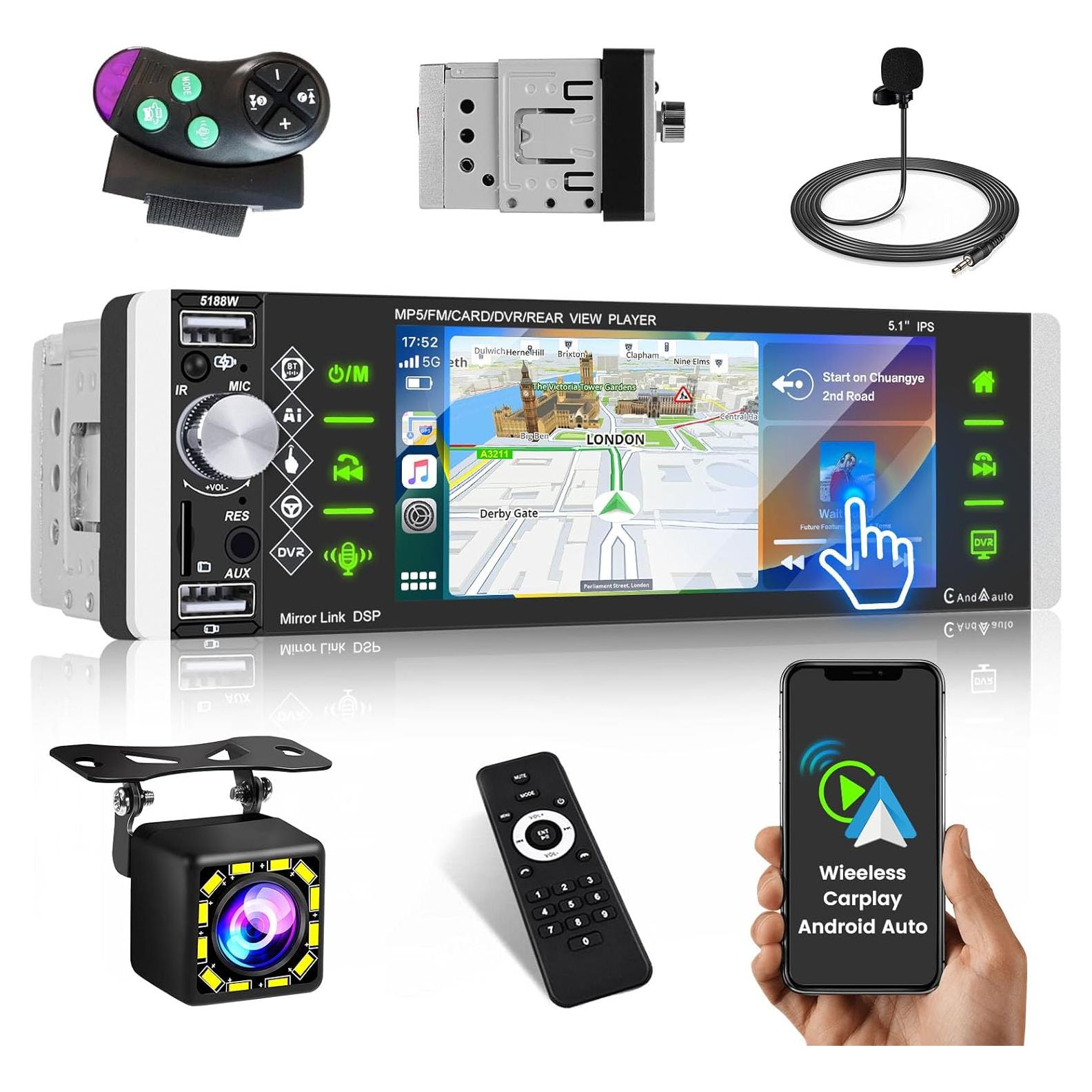 Estéreo de Coche Roinvou 1 Din 5 Pulgadas Bluetooth Carplay