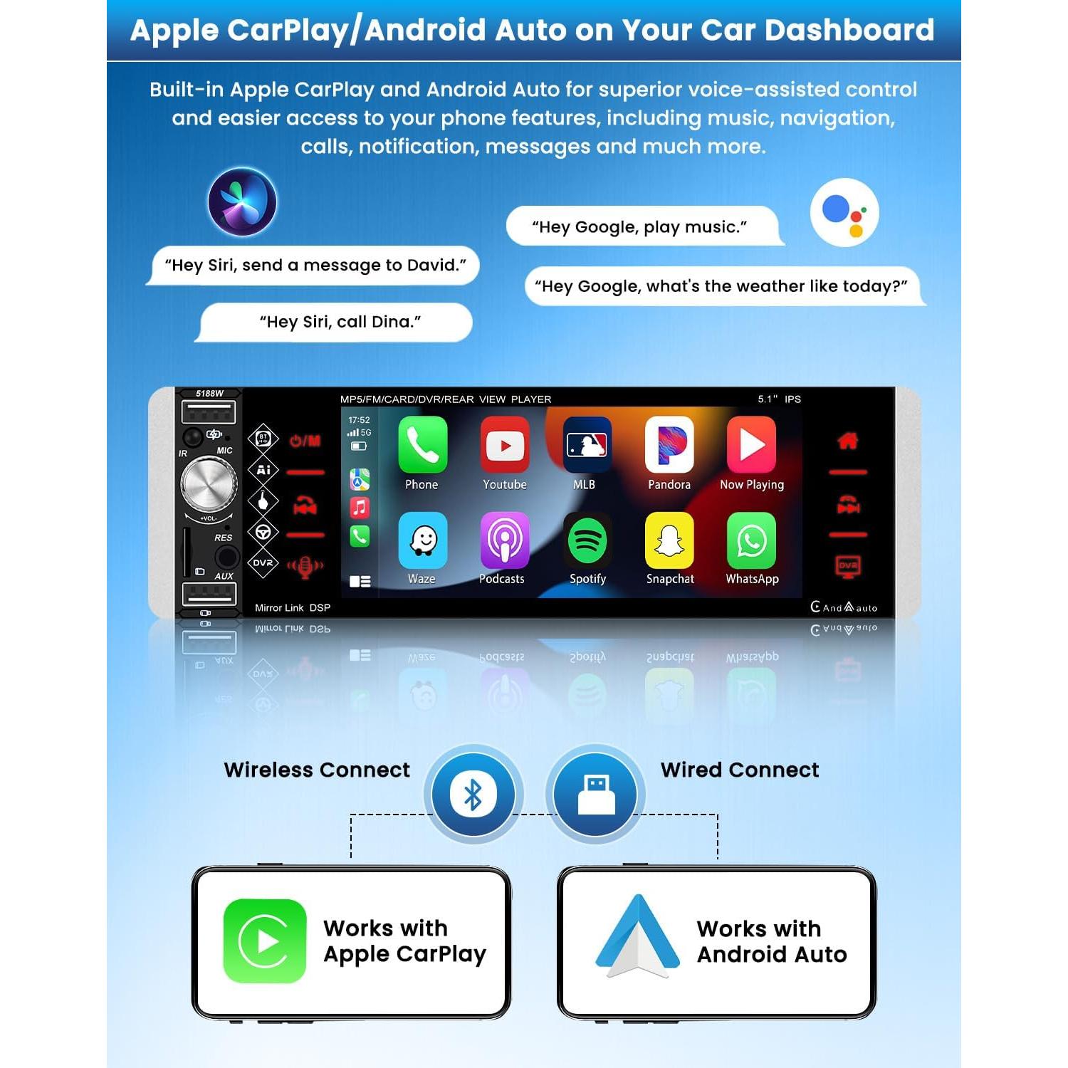 Estéreo de Coche Roinvou 1 Din 5 Pulgadas Bluetooth Carplay