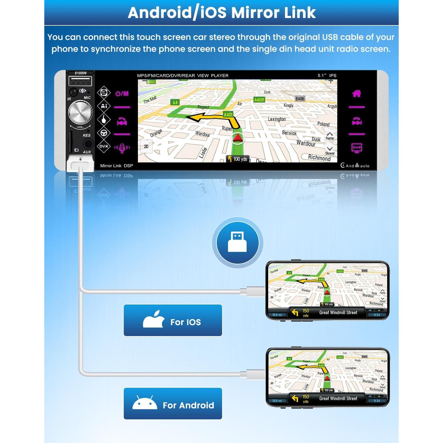 Estéreo de Coche Roinvou 1 Din 5 Pulgadas Bluetooth Carplay