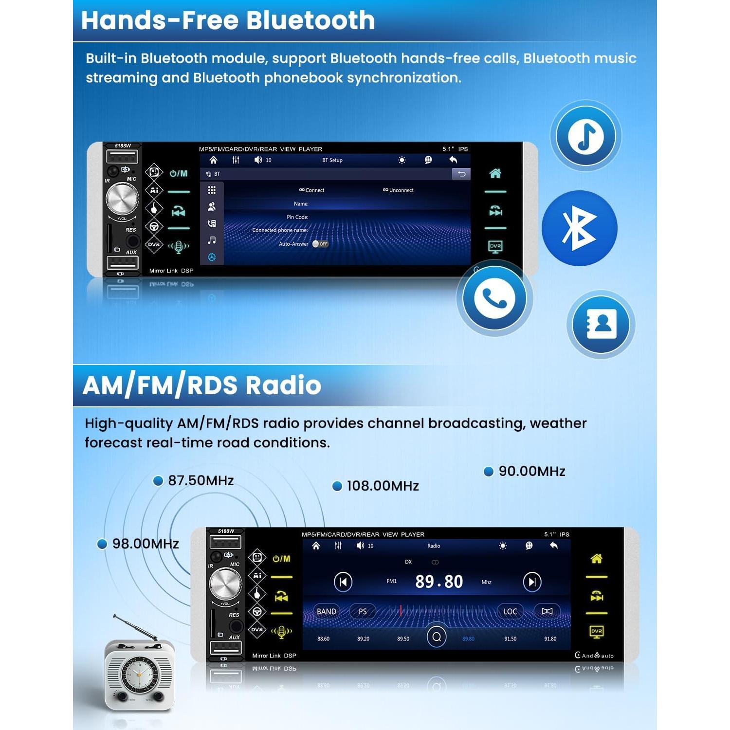 Estéreo de Coche Roinvou 1 Din 5 Pulgadas Bluetooth Carplay