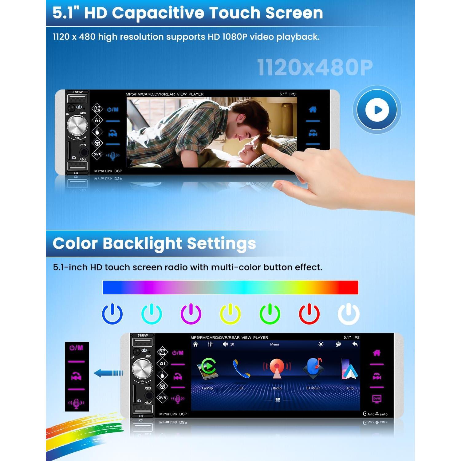 Estéreo de Coche Roinvou 1 Din 5 Pulgadas Bluetooth Carplay