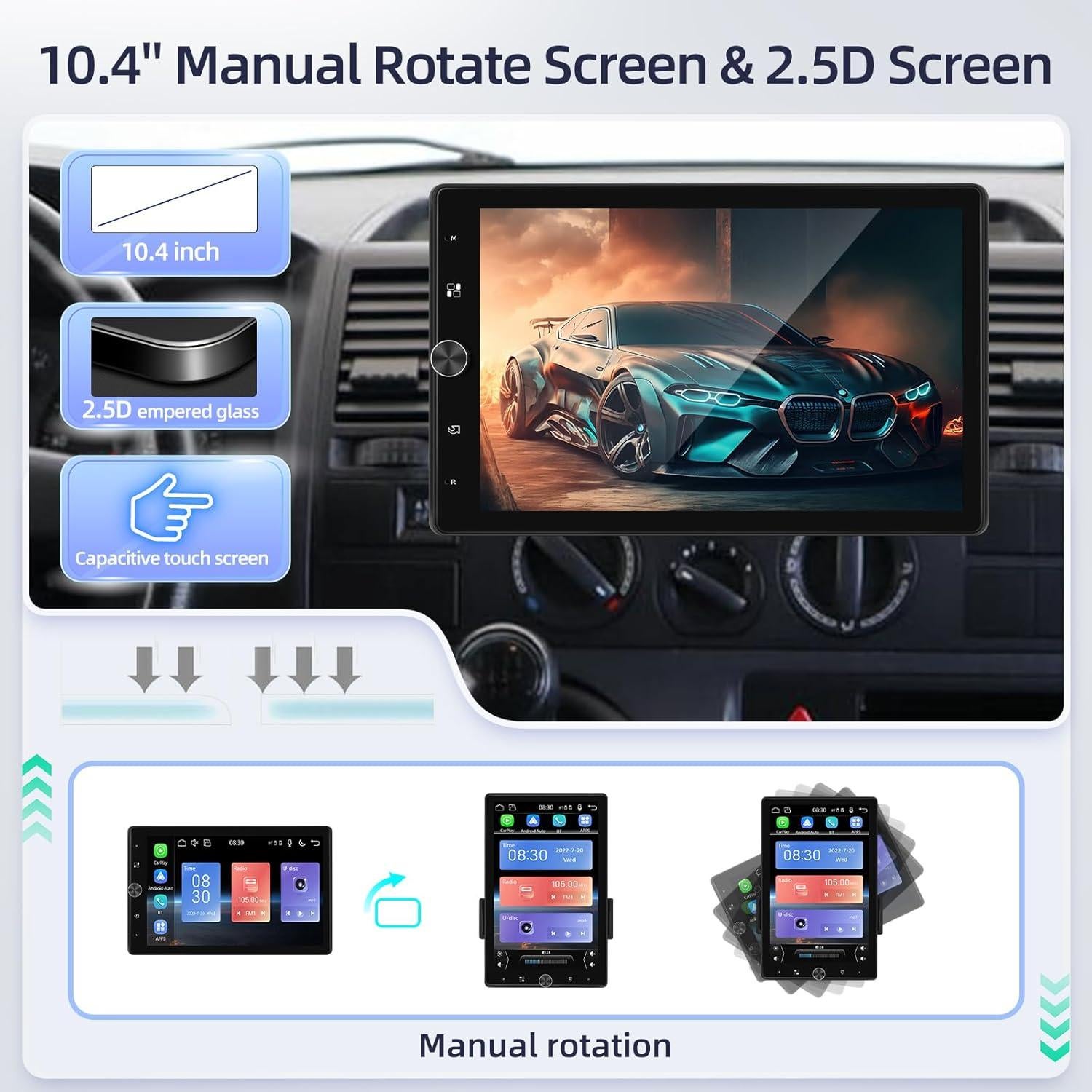 Estéreo de coche 1 Din EKAT 10.4" Pantalla Táctil Carplay GPS