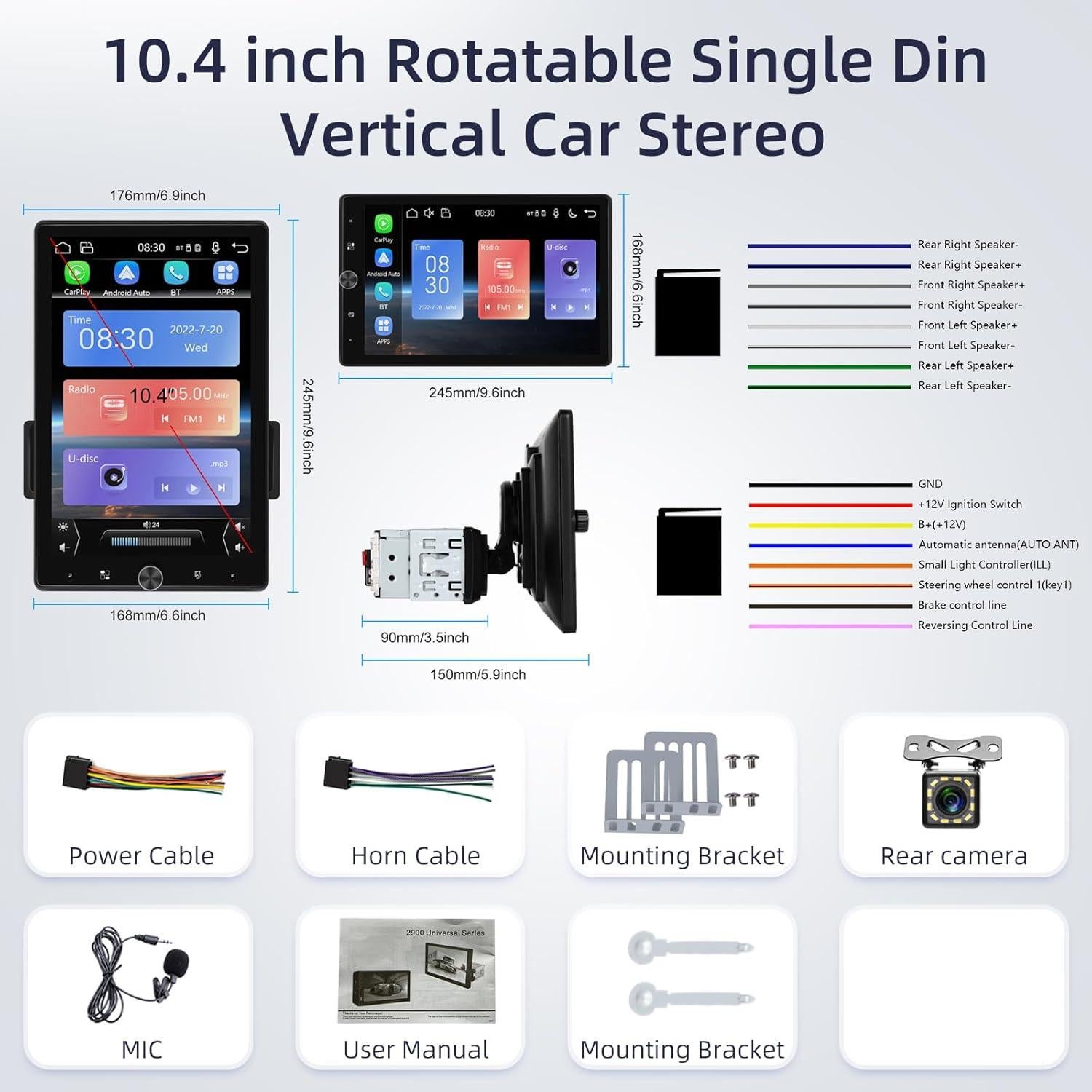 Estéreo de coche 1 Din EKAT 10.4" Pantalla Táctil Carplay GPS