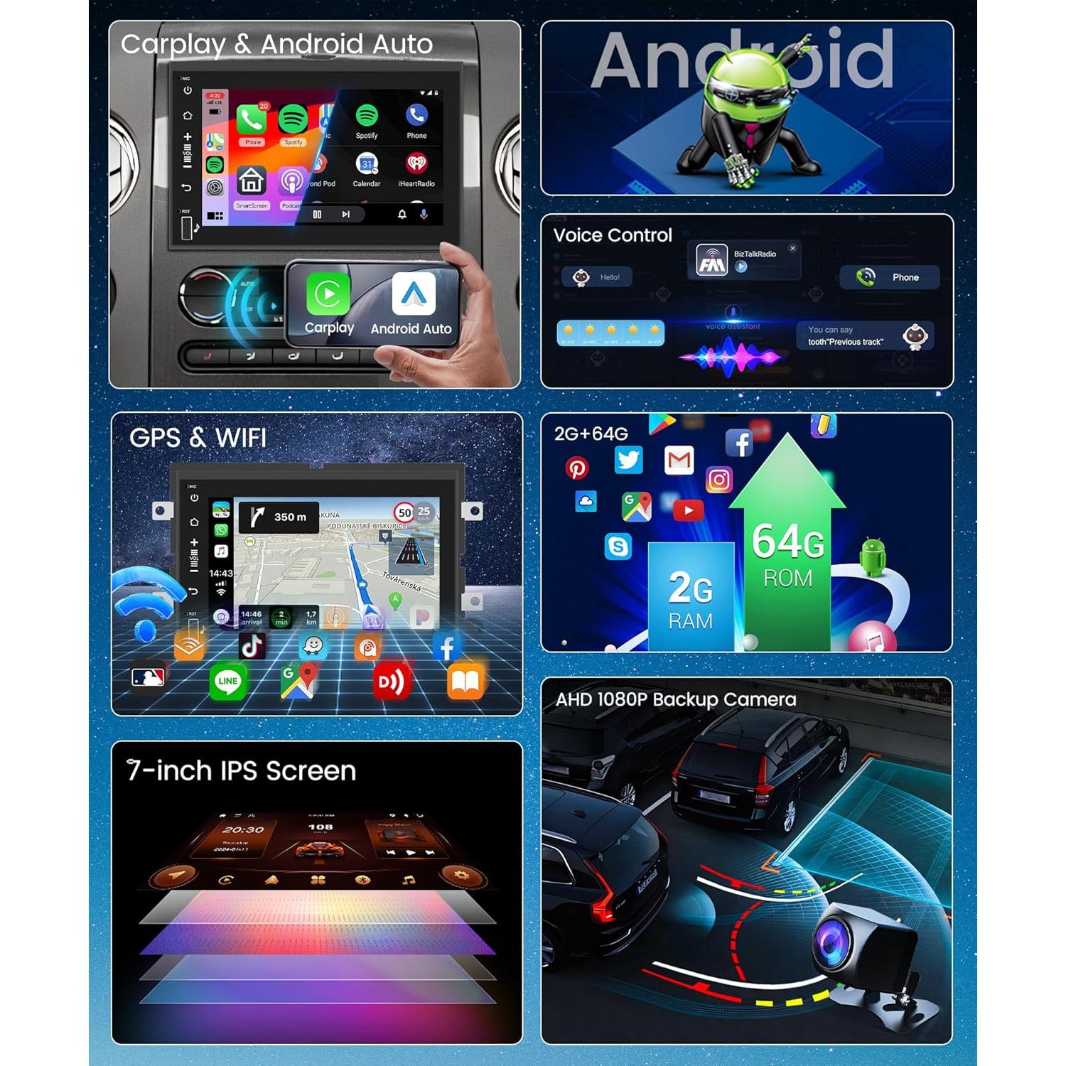 Estéreo Android Podofo 2G 64G para Ford F150 F250 F350 7"