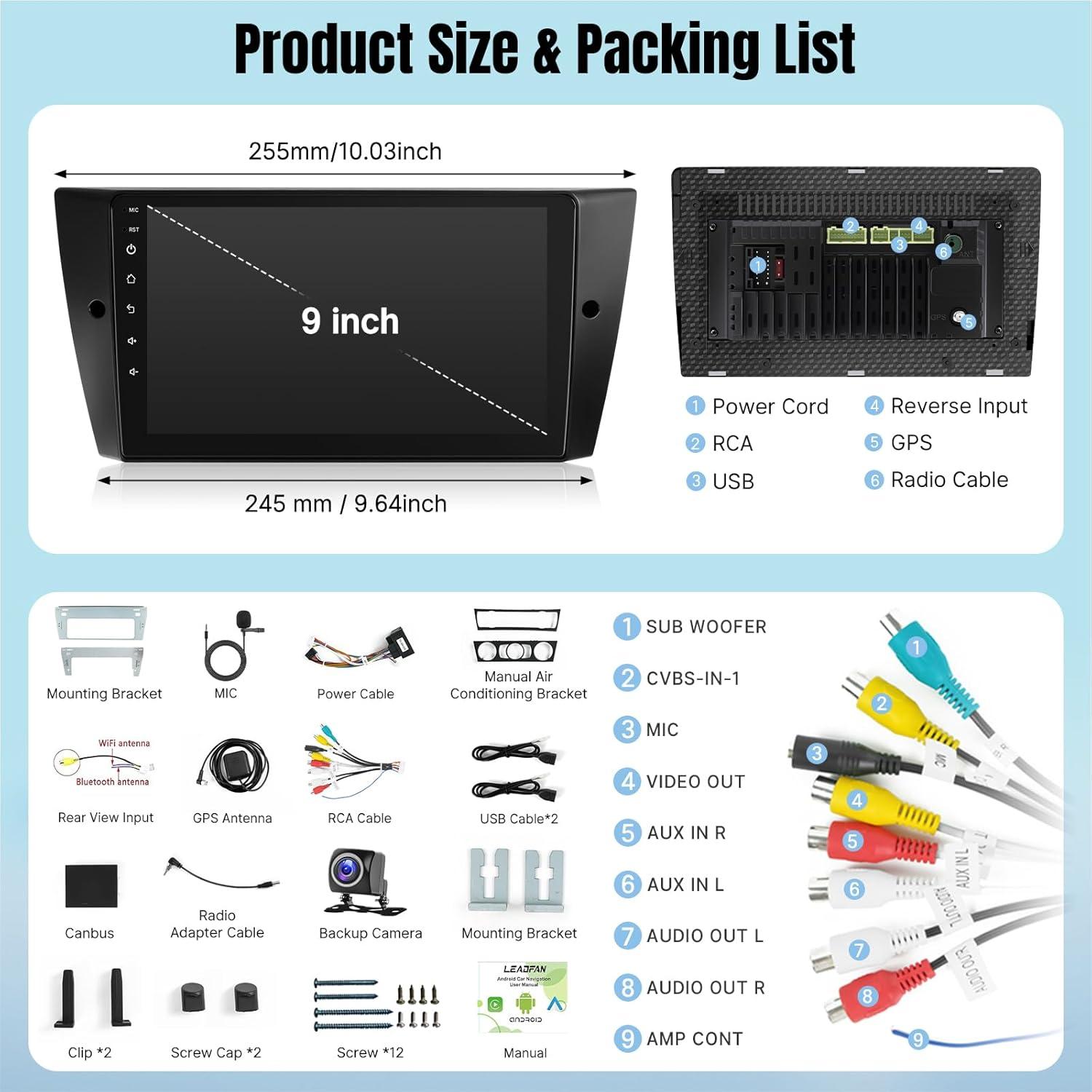 Estéreo de Coche Leadfan para BMW 3 E90 E91 E92 E93 2005-2011, Pantalla 9" con Carplay y Android Auto