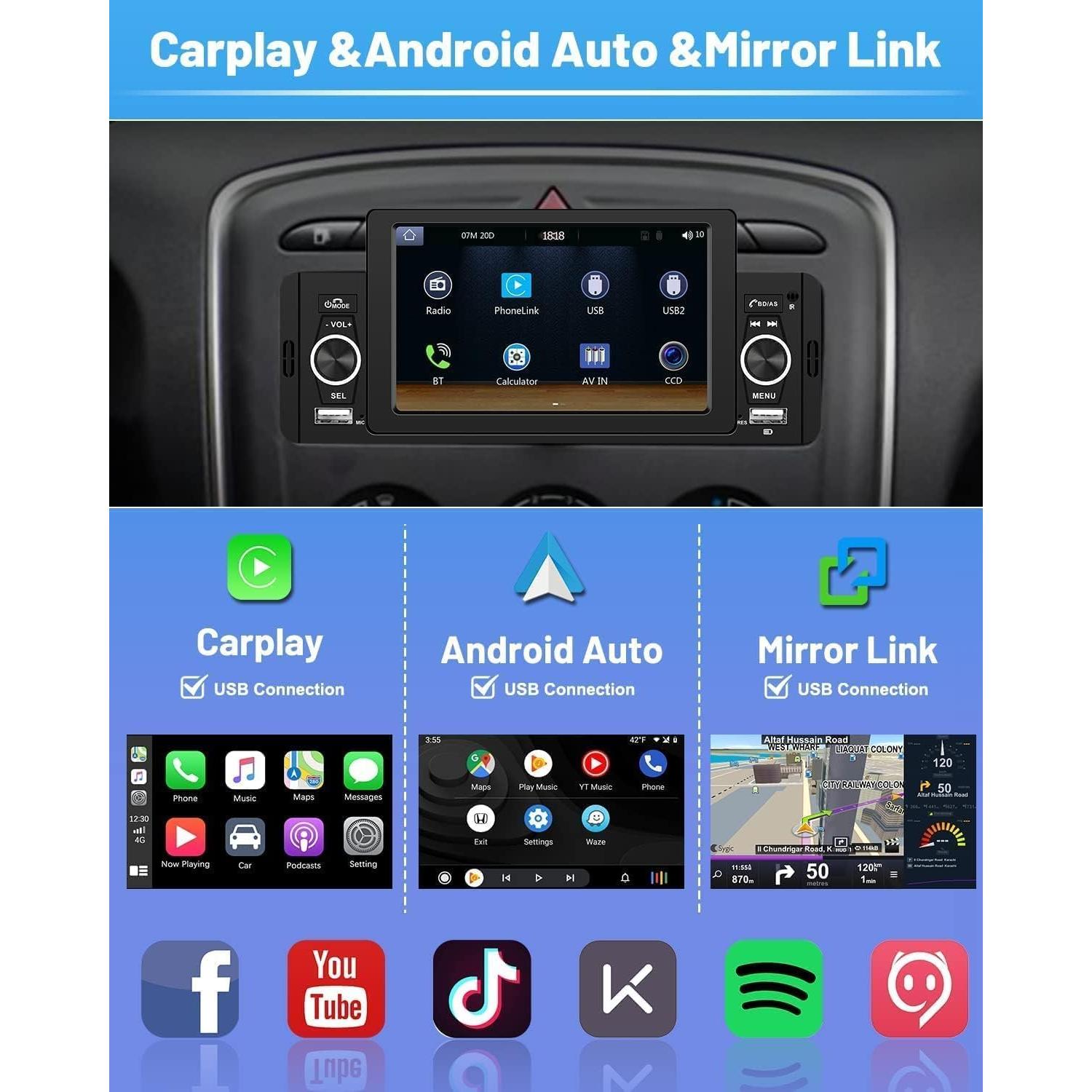 Estéreo de Coche Hikity 5" Una Din con Carplay y Android Auto