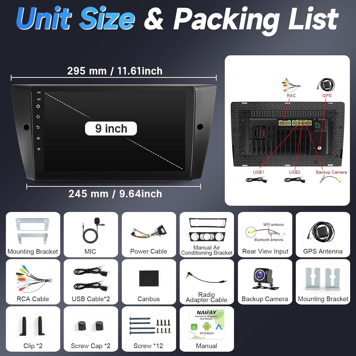 Radio de Coche Android Naifay 9" para BMW 328i 325i 335i 2005-2011