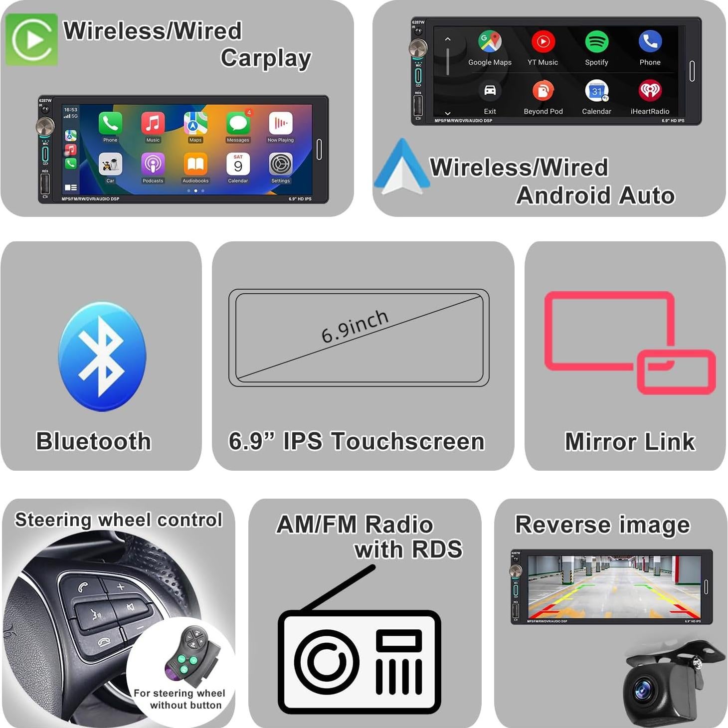 Radio de Coche Alondy 6.9" Táctil Bluetooth CarPlay Android Auto