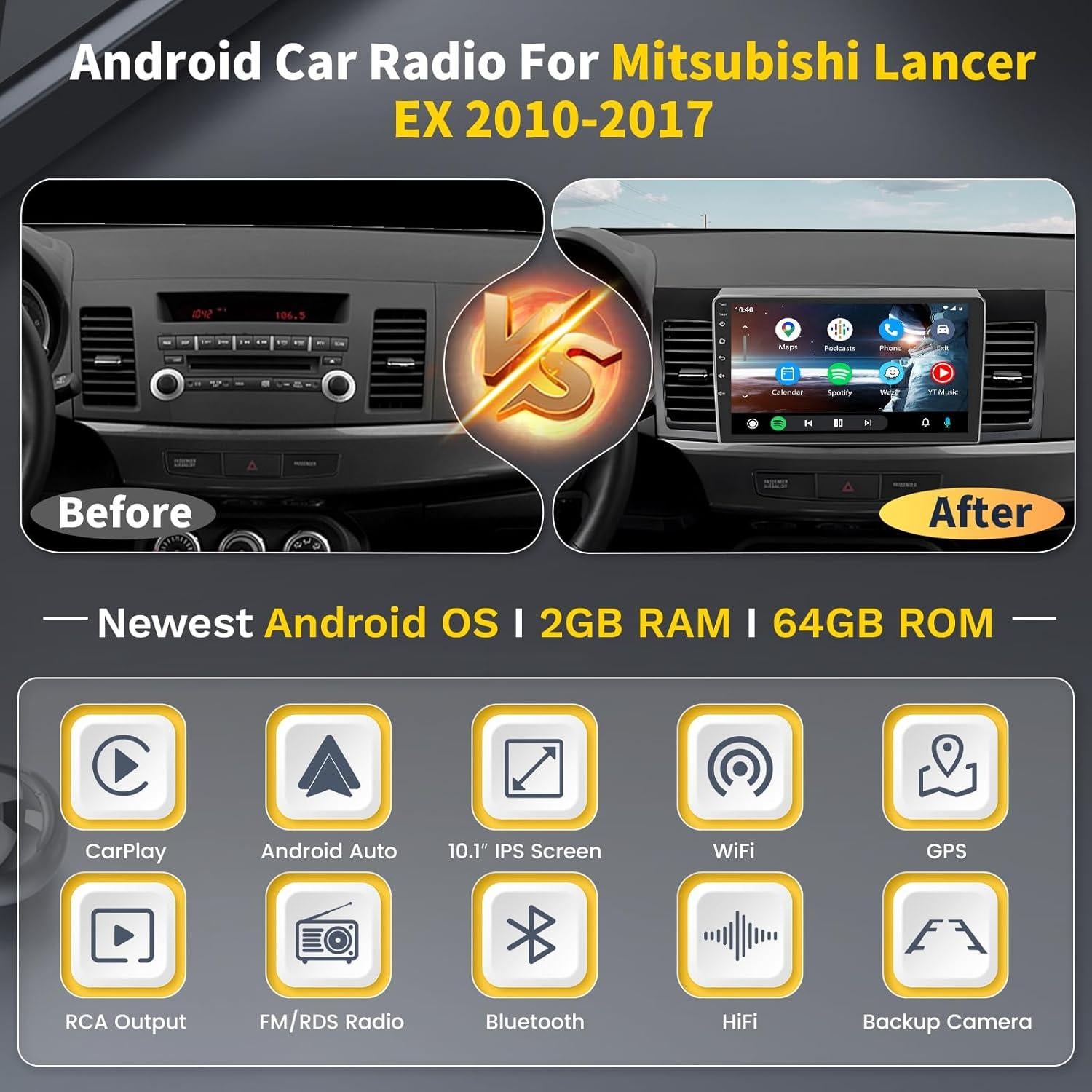 Estéreo de Coche Hikity 10.1" Android 15 para Mitsubishi Lancer 2008-2017