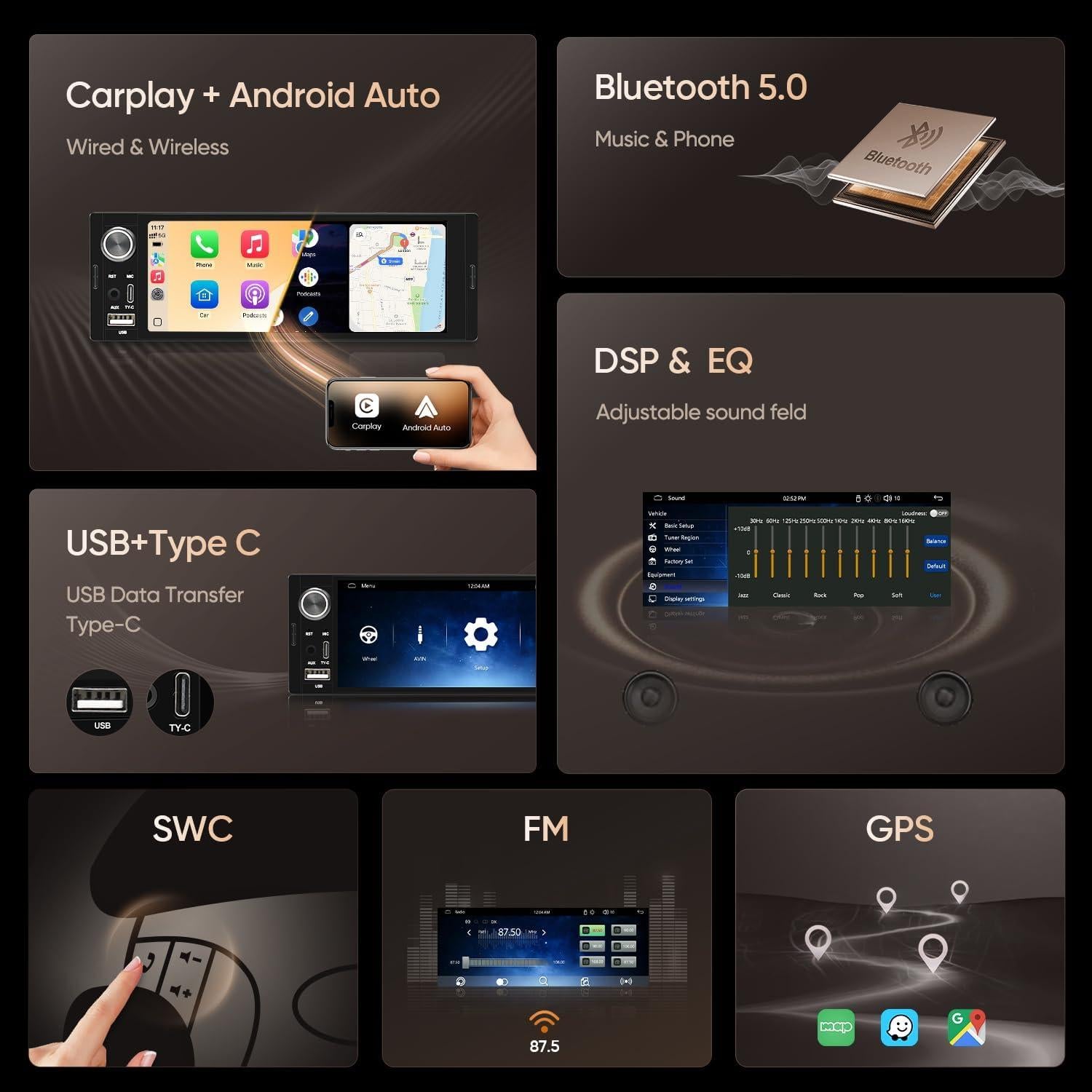 Estéreo de Coche AINAVIGO 6.36" Una DIN CarPlay Android Auto