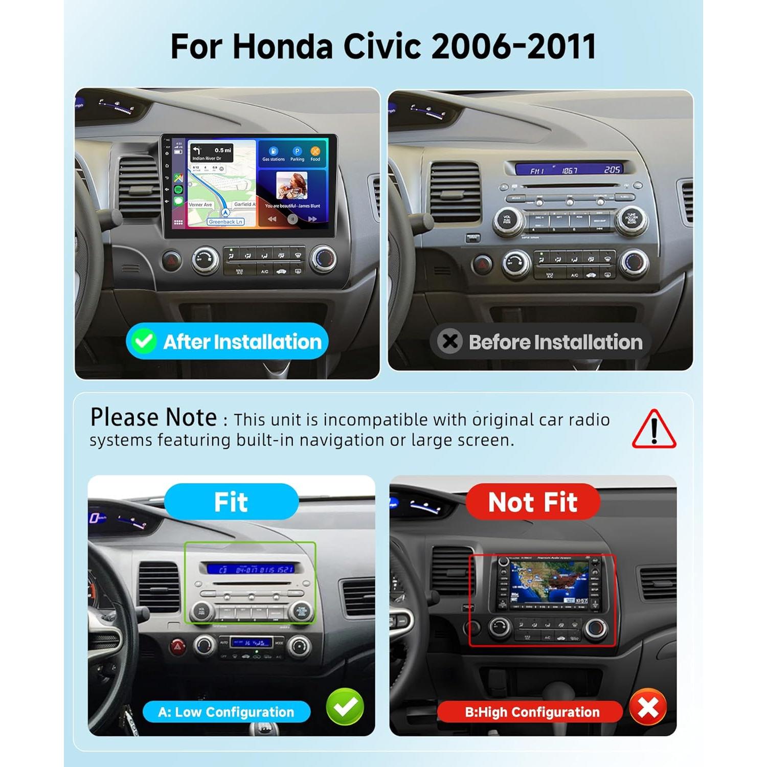 Estéreo de coche Podofo 10.1" Android 13 para Honda Civic 2006-2011