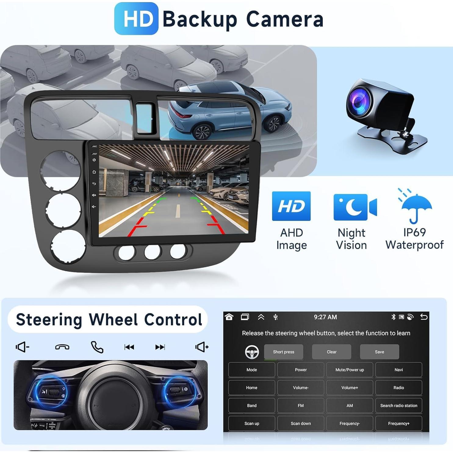 Estéreo Android 13 Podofo 9" para Honda Civic 2001-2005