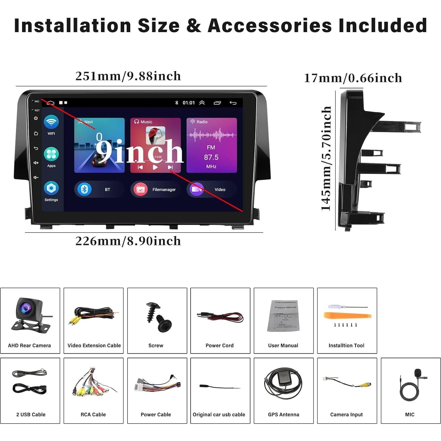 Estéreo de Coche Android 13 SIXWIN para Honda Civic 2016-2020 9"