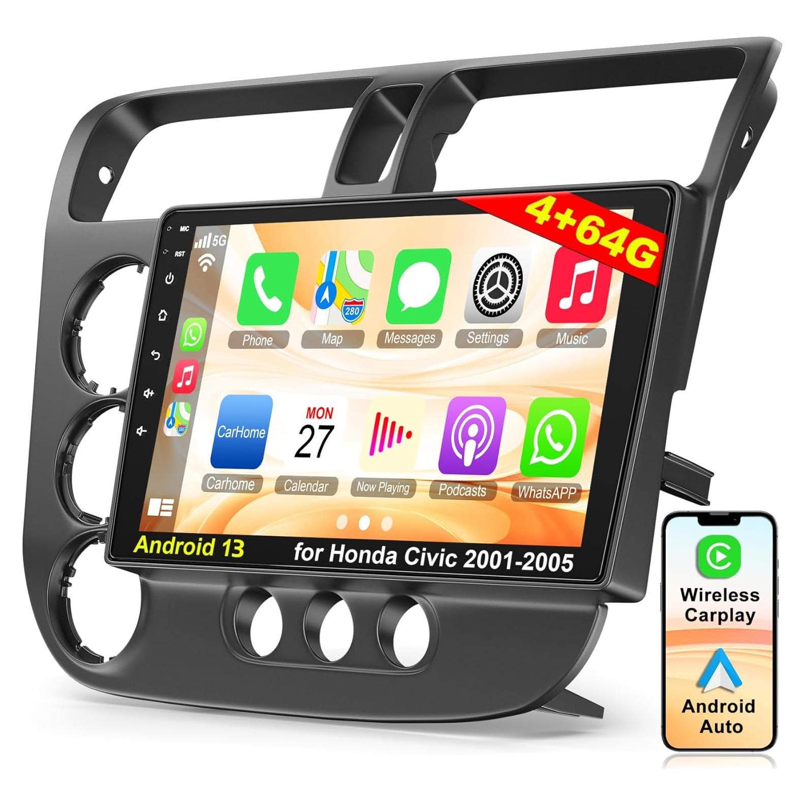 Estéreo de Coche Android 13 Electrosmart para Honda Civic 2001-2005, 4GB RAM, 64GB ROM, Pantalla Táctil 9"