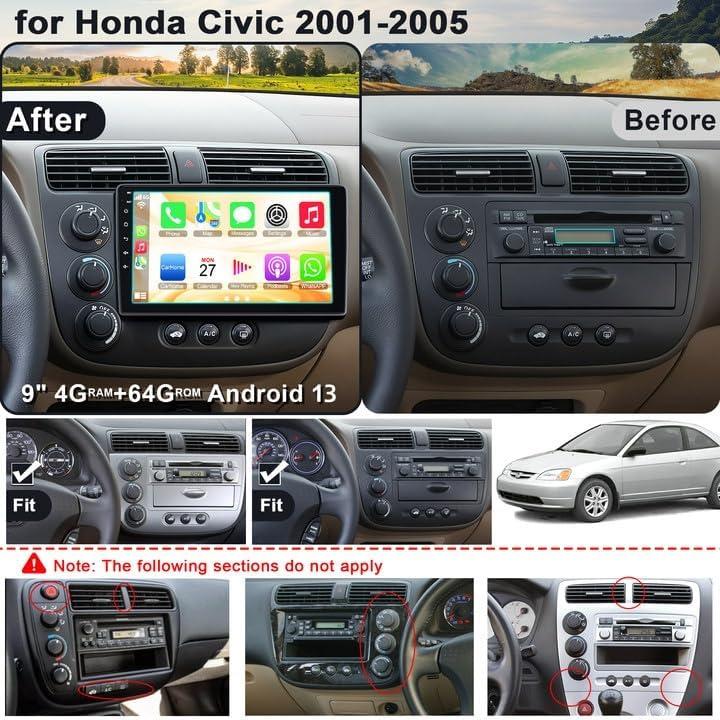 Estéreo de Coche Android 13 Electrosmart para Honda Civic 2001-2005, 4GB RAM, 64GB ROM, Pantalla Táctil 9"