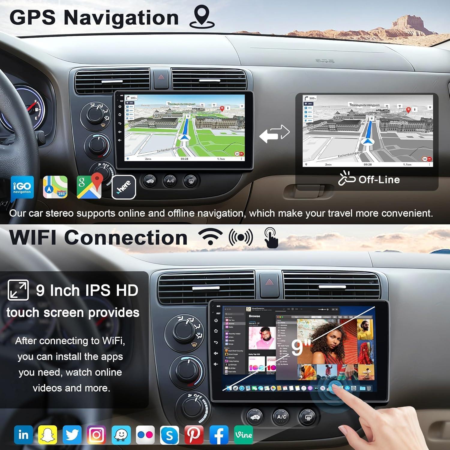 Estéreo de Coche Android 13 Electrosmart para Honda Civic 2001-2005, 4GB RAM, 64GB ROM, Pantalla Táctil 9"
