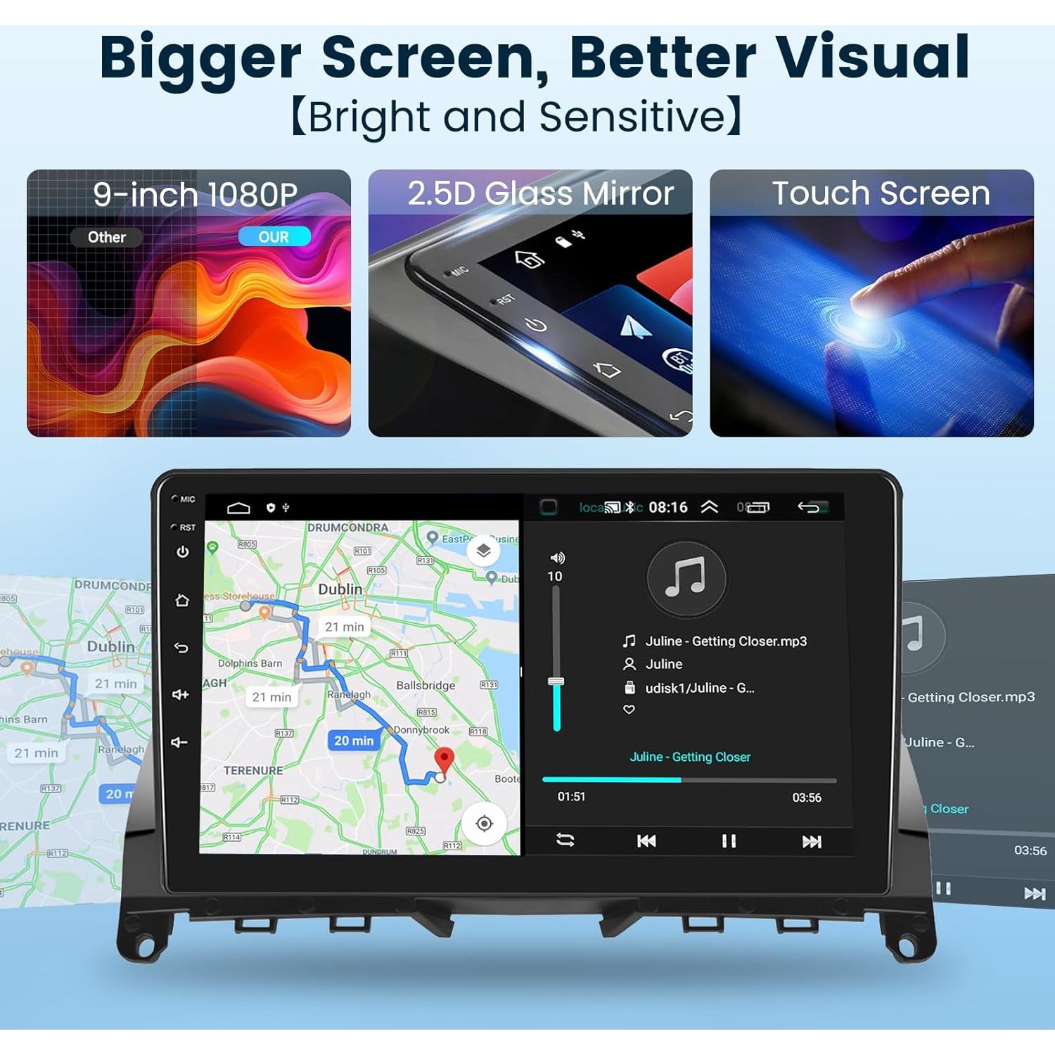 Estéreo de Coche Podofo Android 13 para Mercedes Benz Clase C W204 2006-2011, Pantalla Táctil 9"