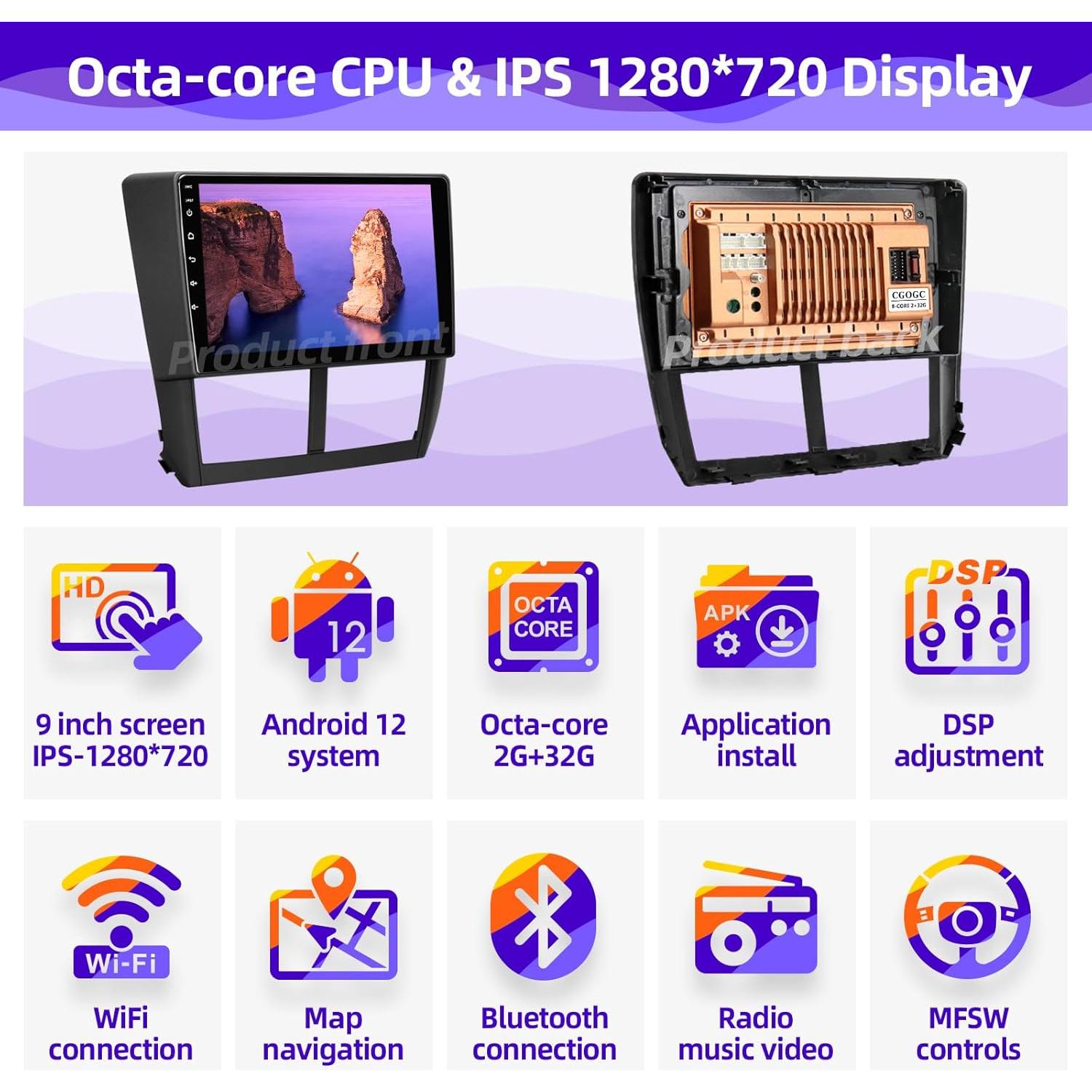 Radio de Coche Android 12 CGOGC 9" Pantalla Táctil GPS Bluetooth