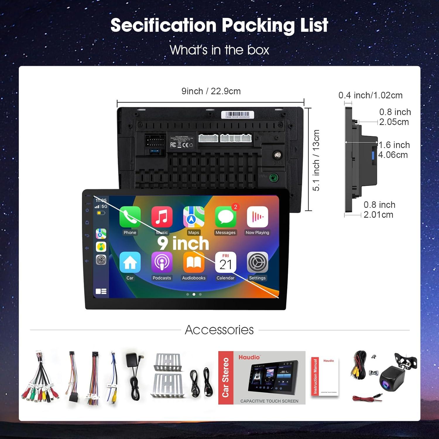 Estéreo Doble Din Haudio 9" CarPlay HD con Control por Voz