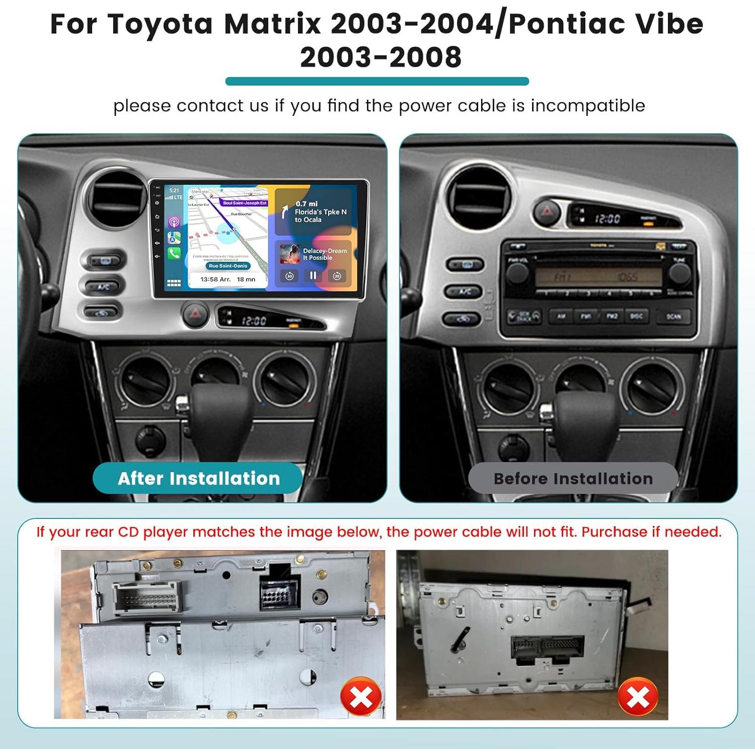 Estéreo de Coche Roinvou Android 13 para Toyota Corolla Matrix 2003-2008, 9" Pantalla Táctil, CarPlay y Android Auto