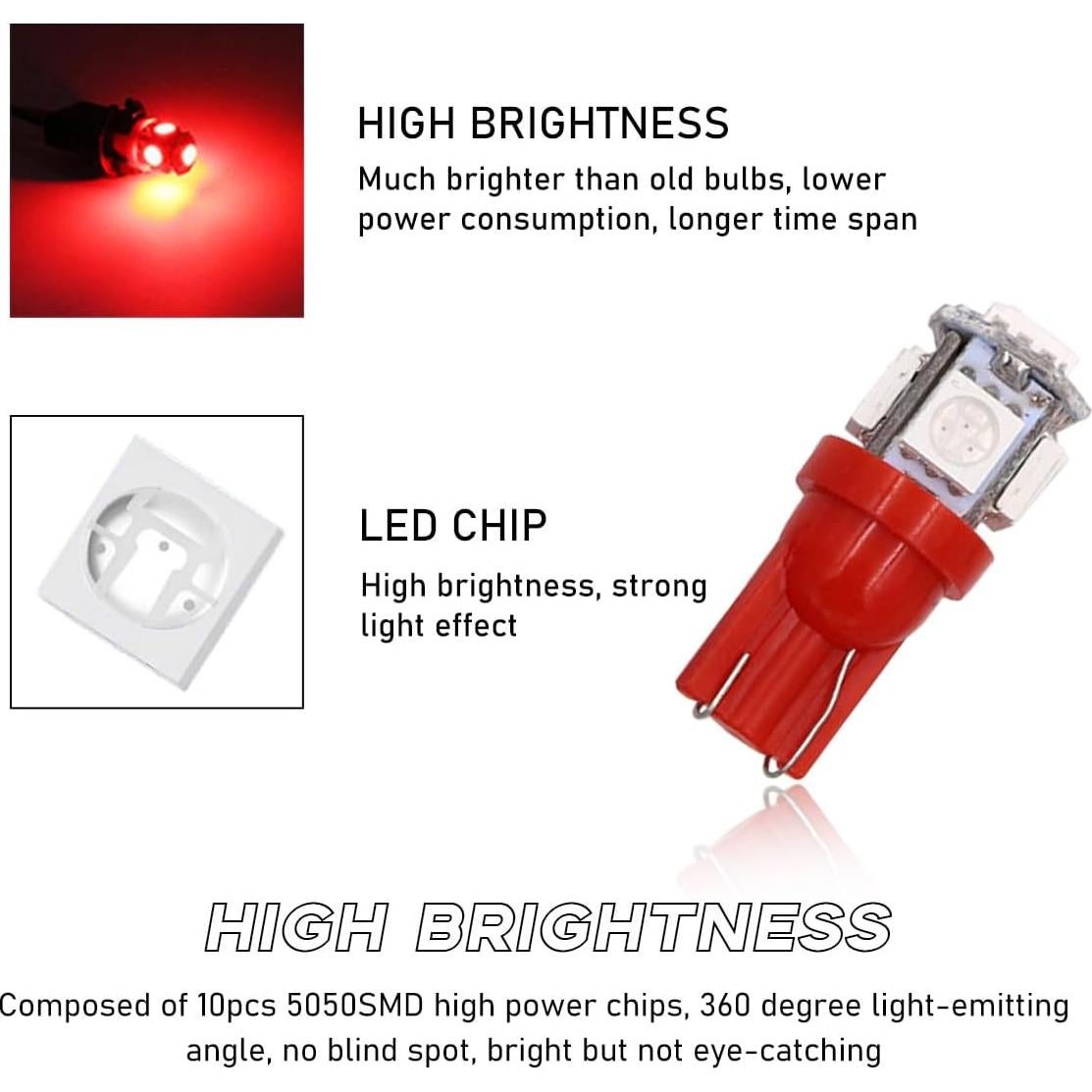 10 Bombillas LED T10 Povtii para Coche Luz Interior Roja