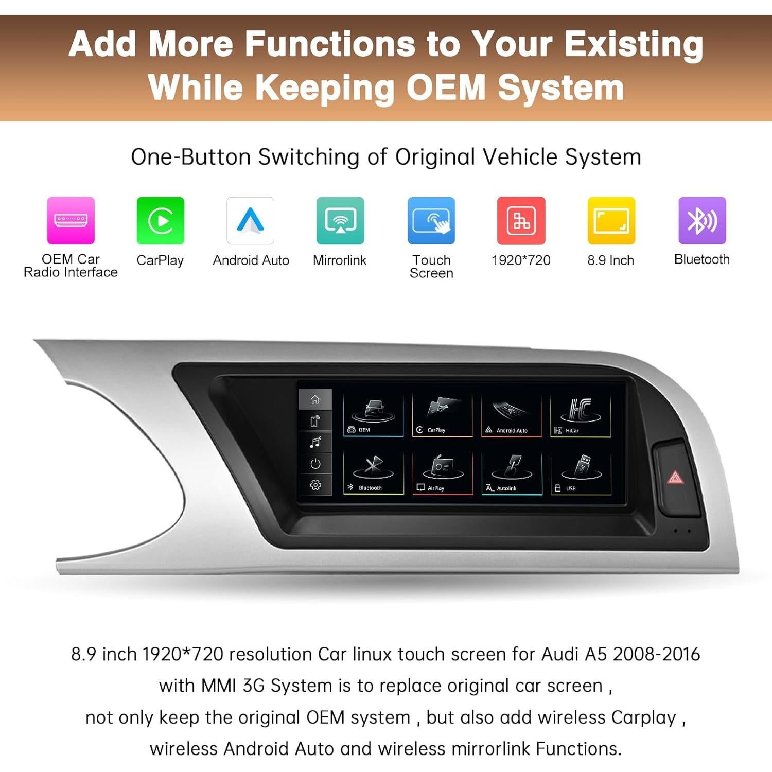 Pantalla Táctil Carplay 8.9" LOVEVEH para Audi A5 2009-2015