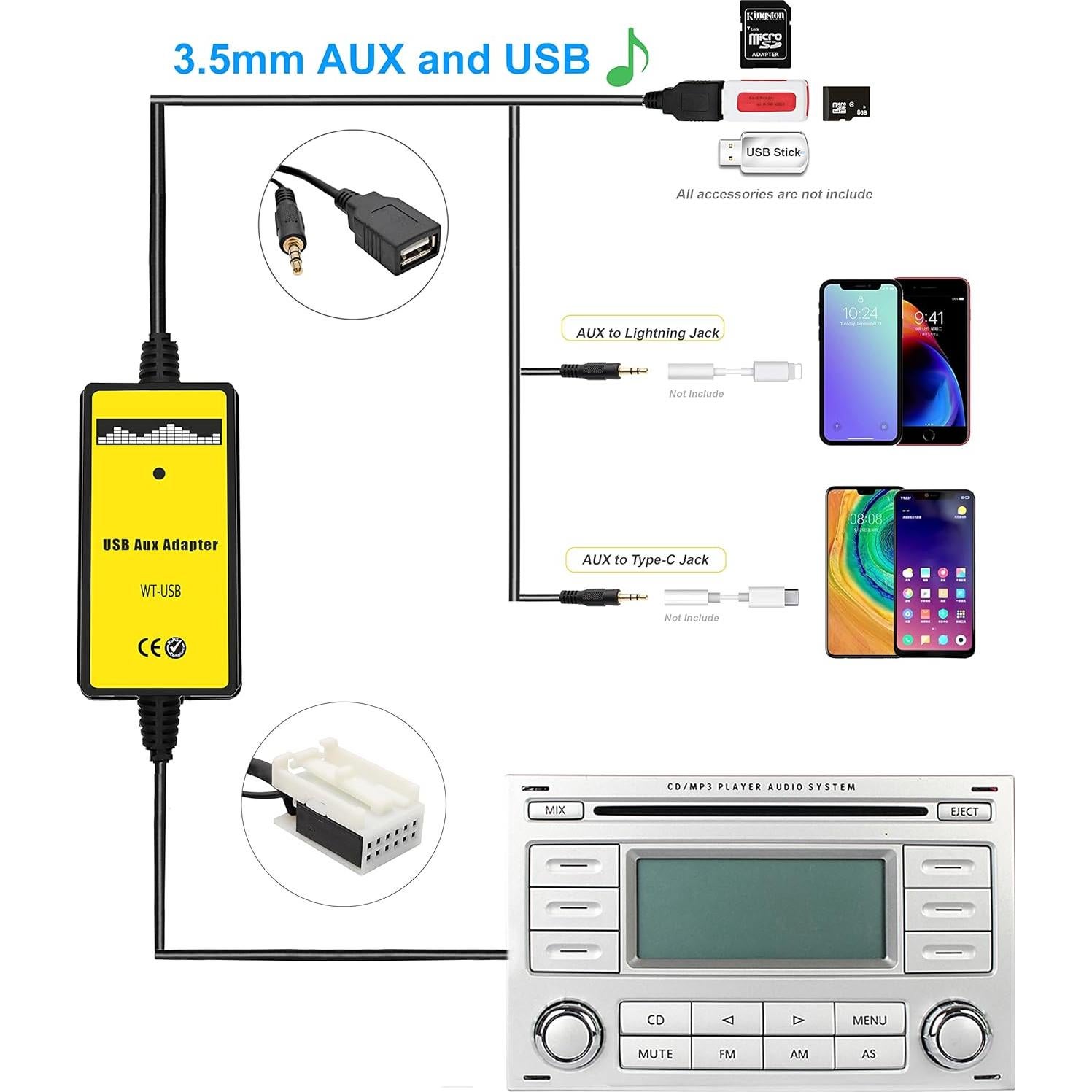 Adaptador AUX y USB para Estéreo de Coche Audi VW 12pin