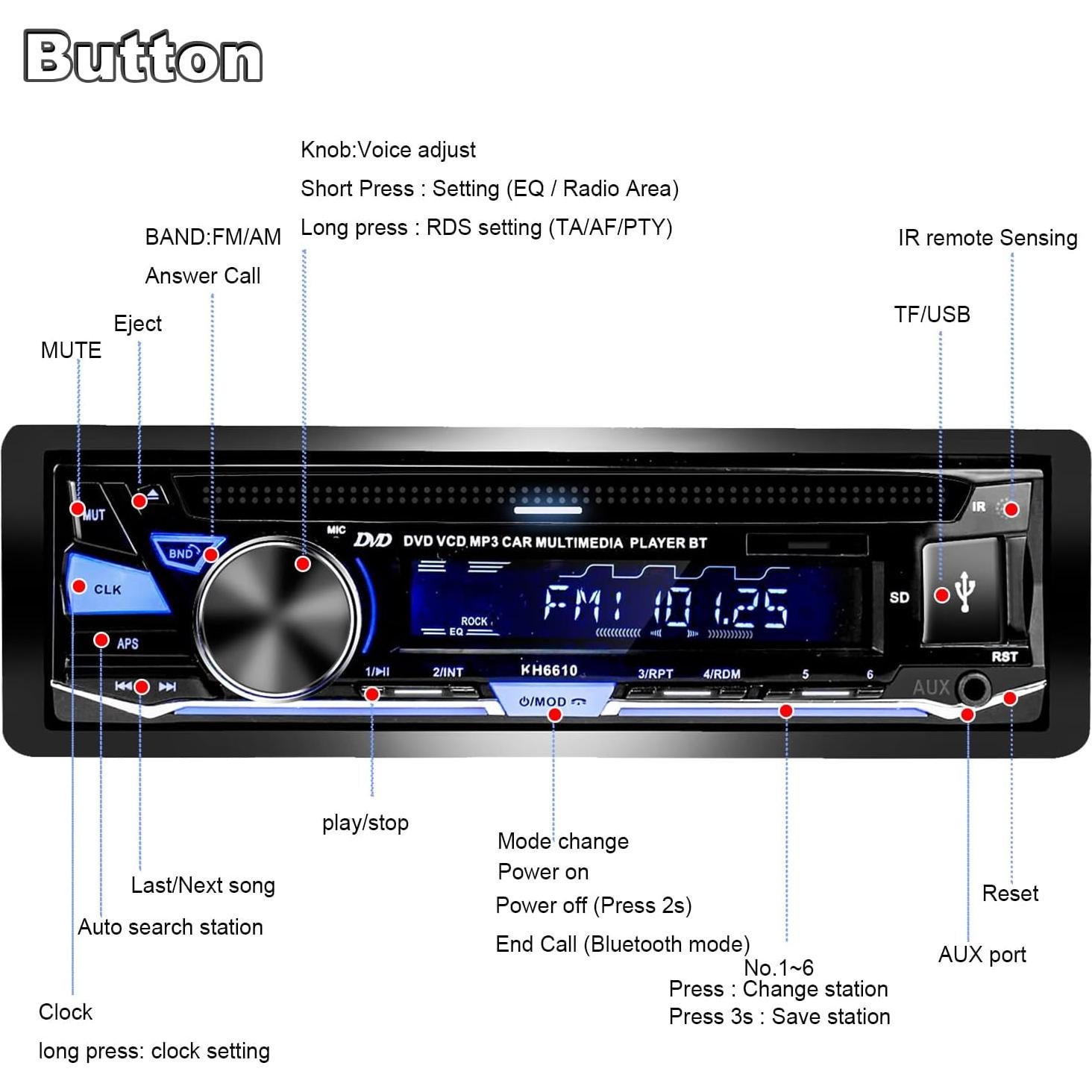 Receptor de Audio para Auto Hengweili KH6610 Bluetooth USB AM/FM