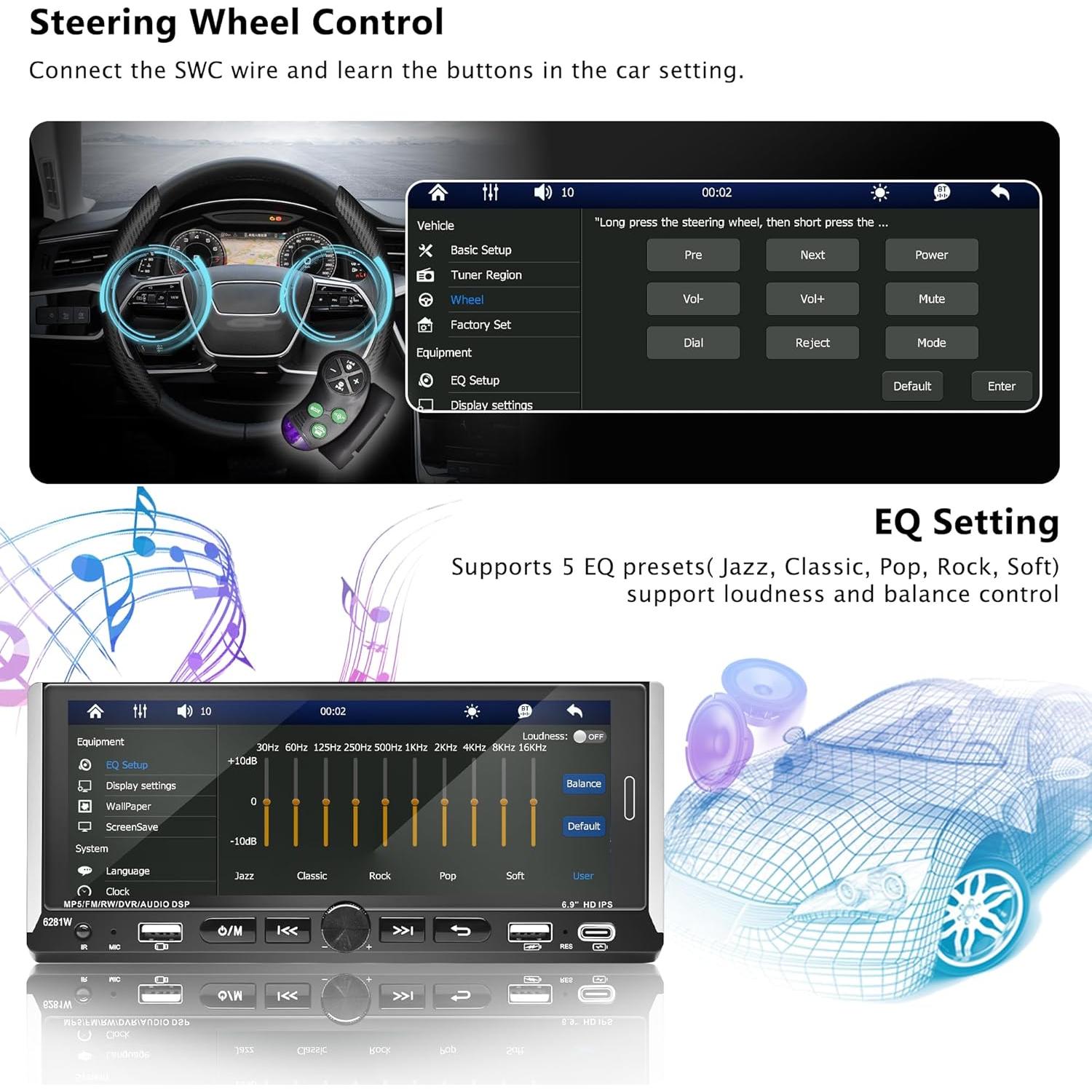 Estéreo de Coche Emeito 6.9" CarPlay Android Auto Bluetooth