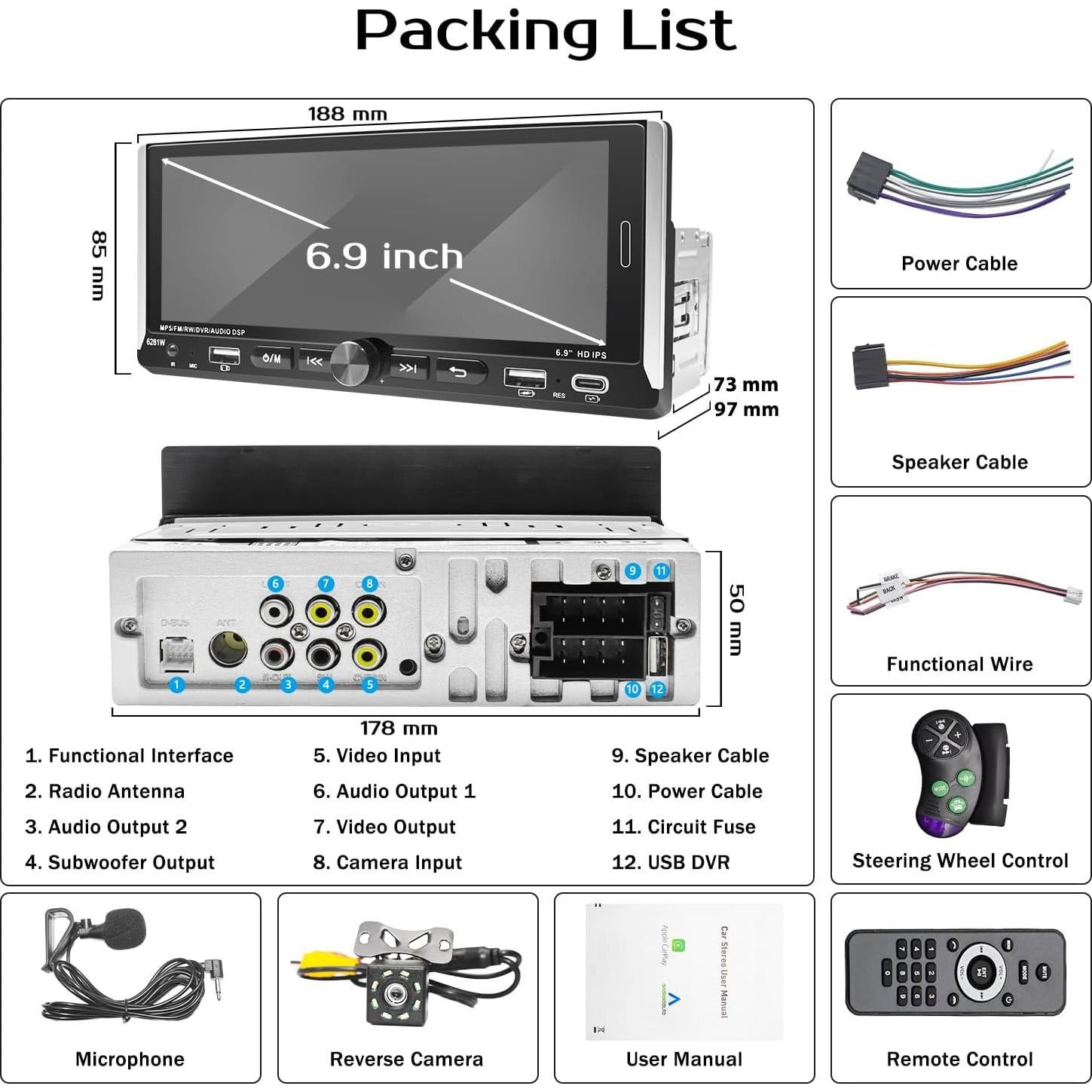 Estéreo de Coche Emeito 6.9" CarPlay Android Auto Bluetooth