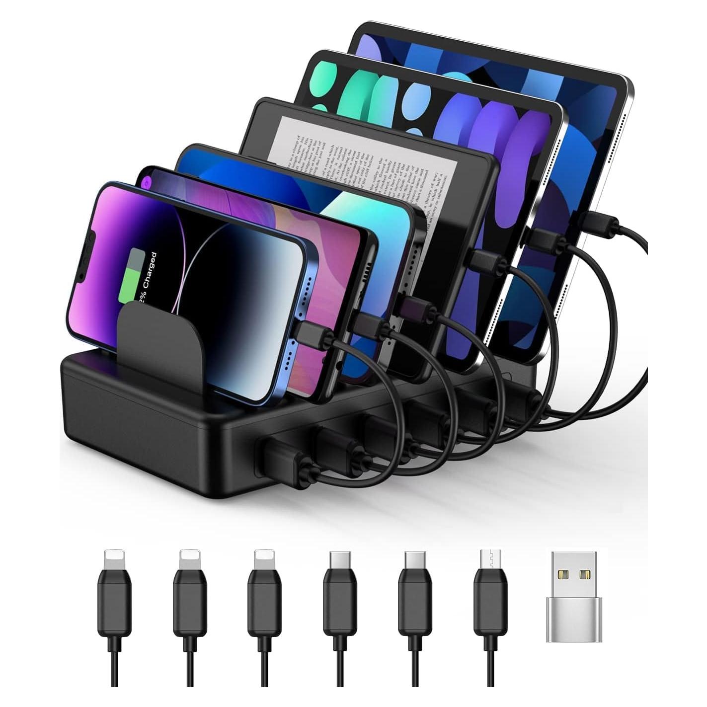 Estación de Carga 50W 6 Puertos USB con 6 Cables - Negro