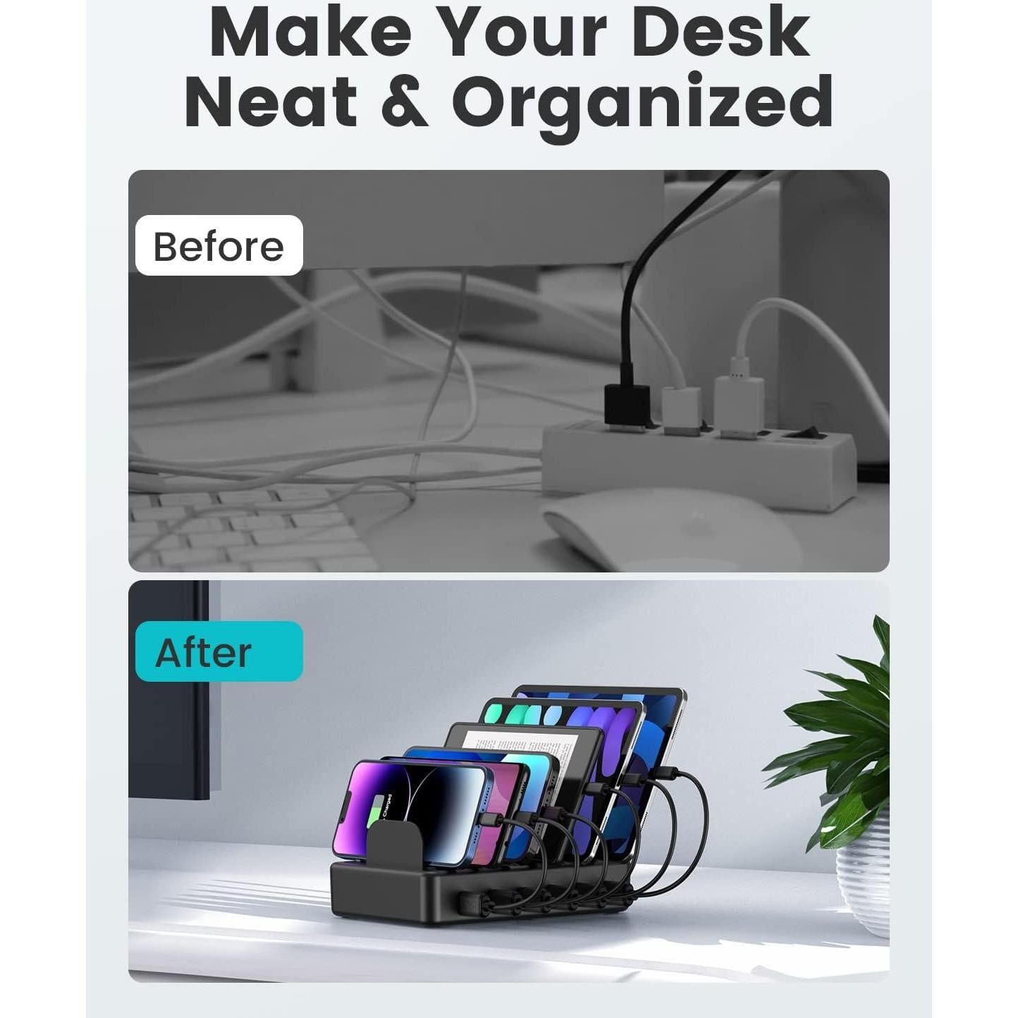 Estación de Carga 50W 6 Puertos USB con 6 Cables - Negro