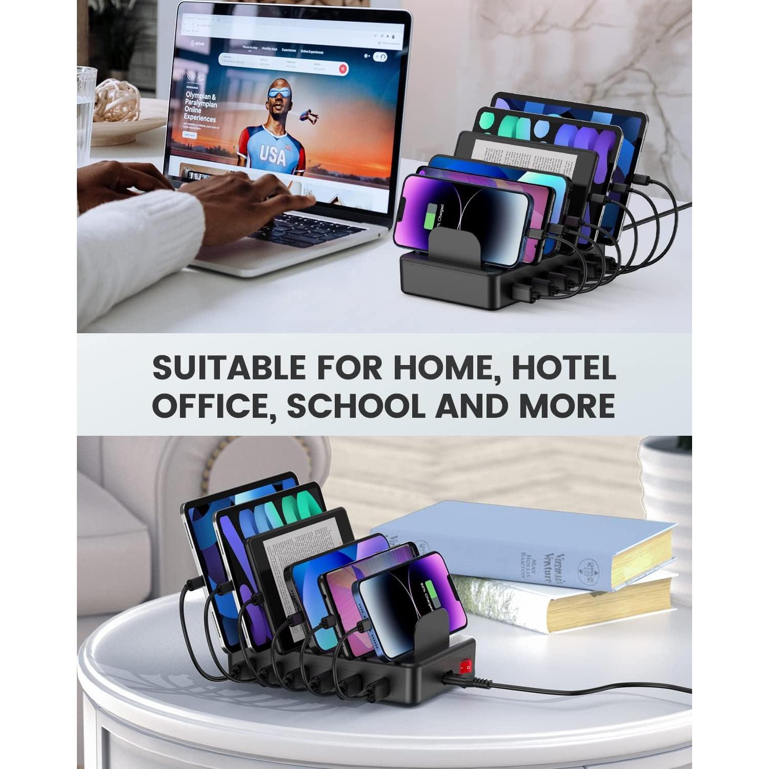 Estación de Carga 50W 6 Puertos USB con 6 Cables - Negro