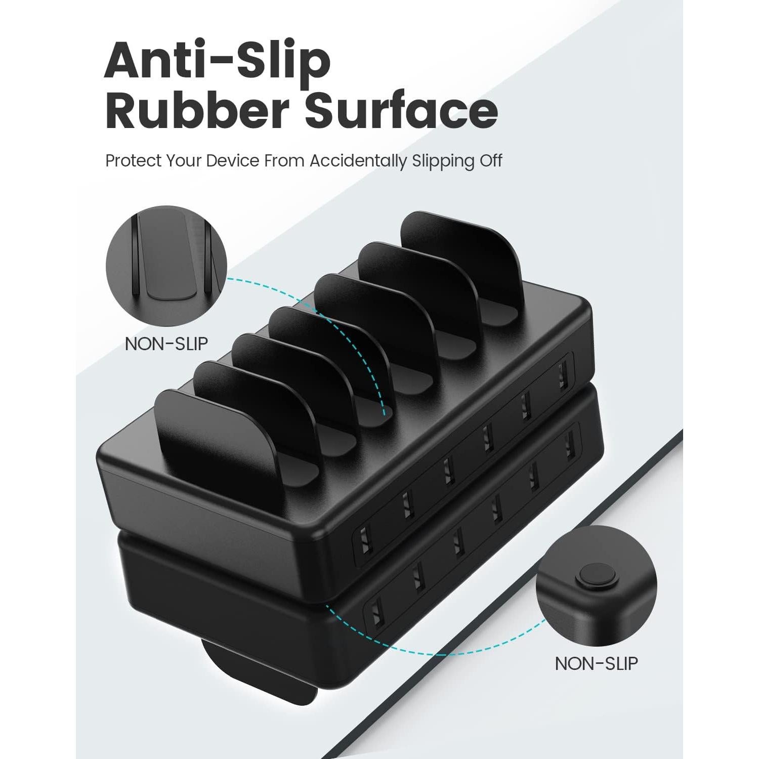 Estación de Carga 50W 6 Puertos USB con 6 Cables - Negro