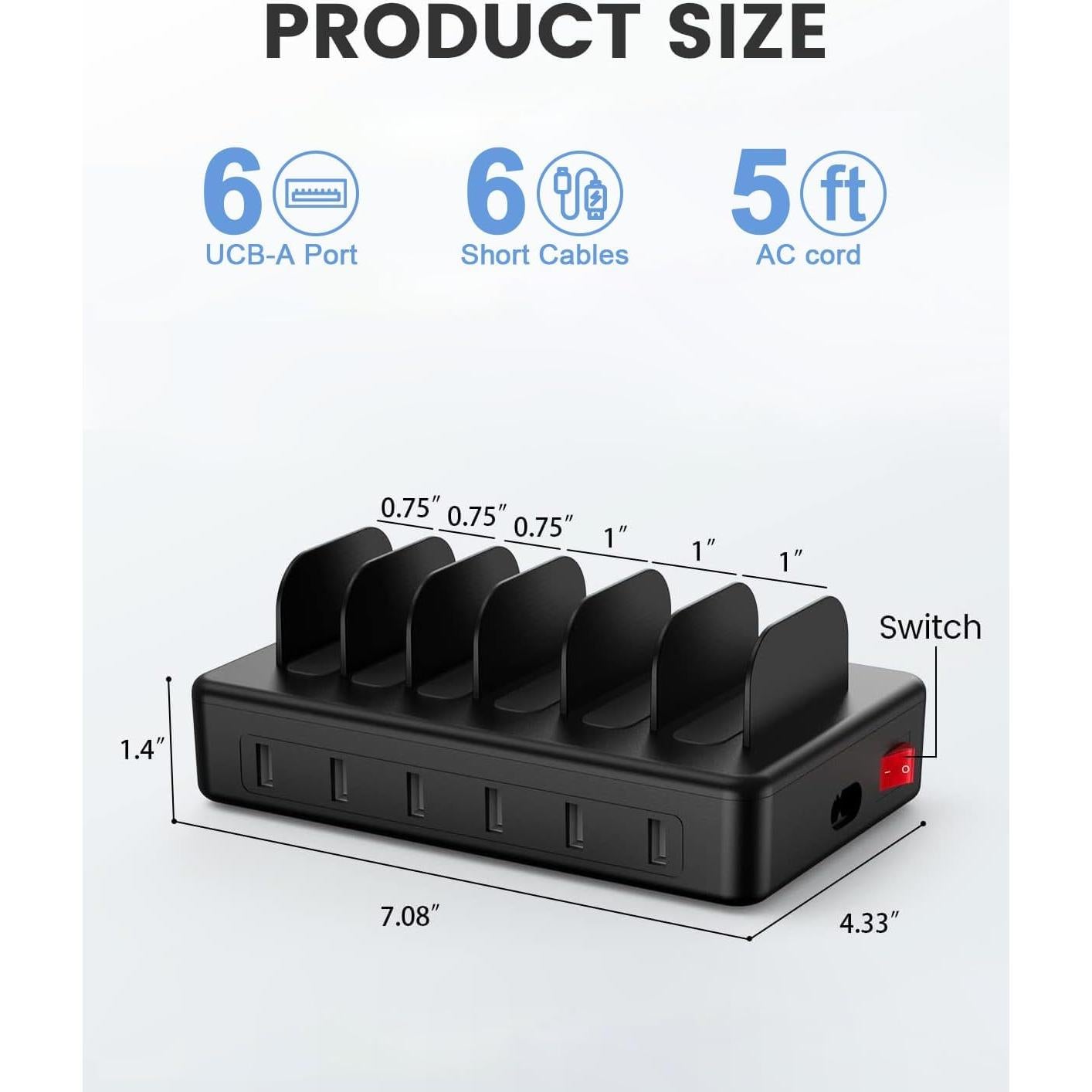 Estación de Carga 50W 6 Puertos USB con 6 Cables - Negro