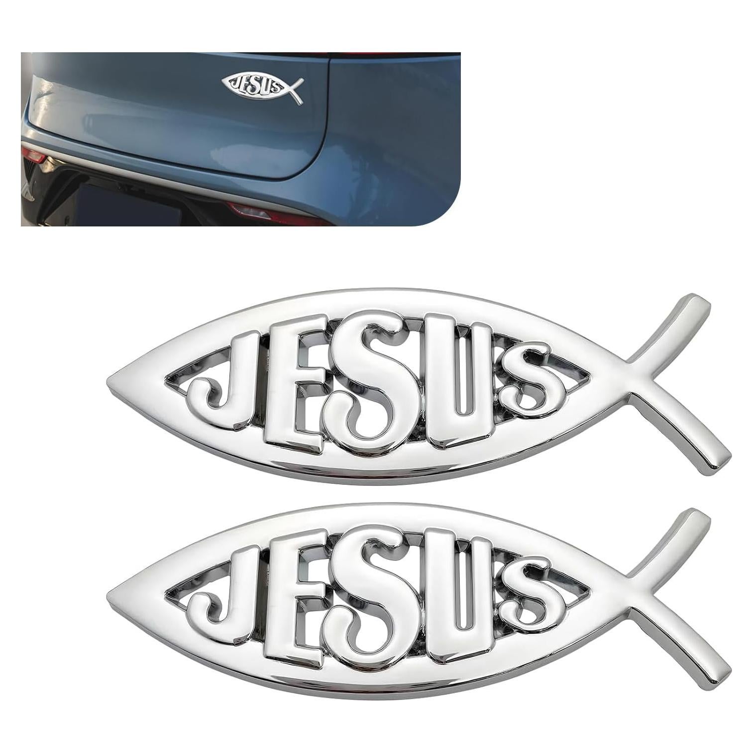 Emblema de Auto Pez de Jesús Bawkars 2 Piezas Aluminio Plata