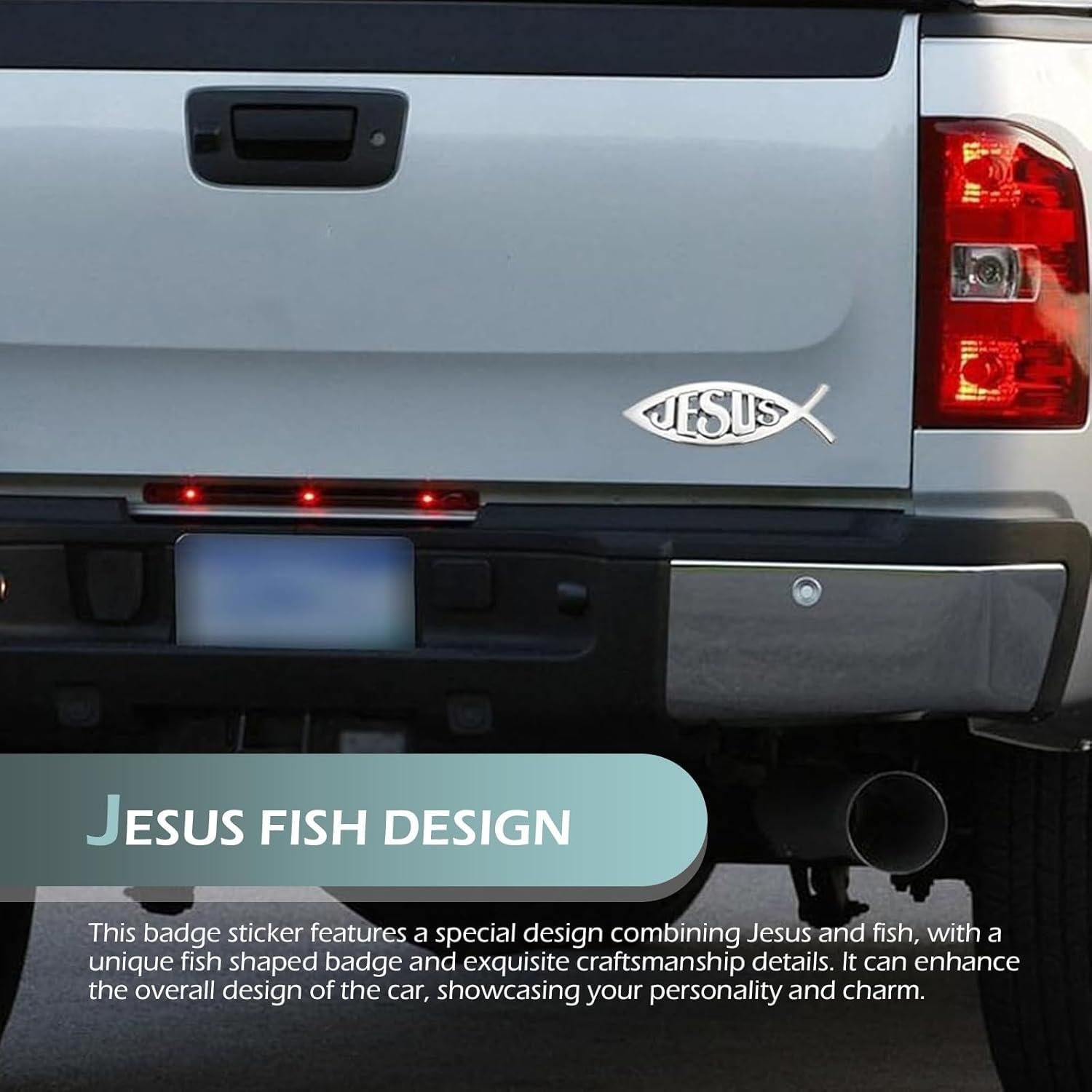 Emblema de Auto Pez de Jesús Bawkars 2 Piezas Aluminio Plata