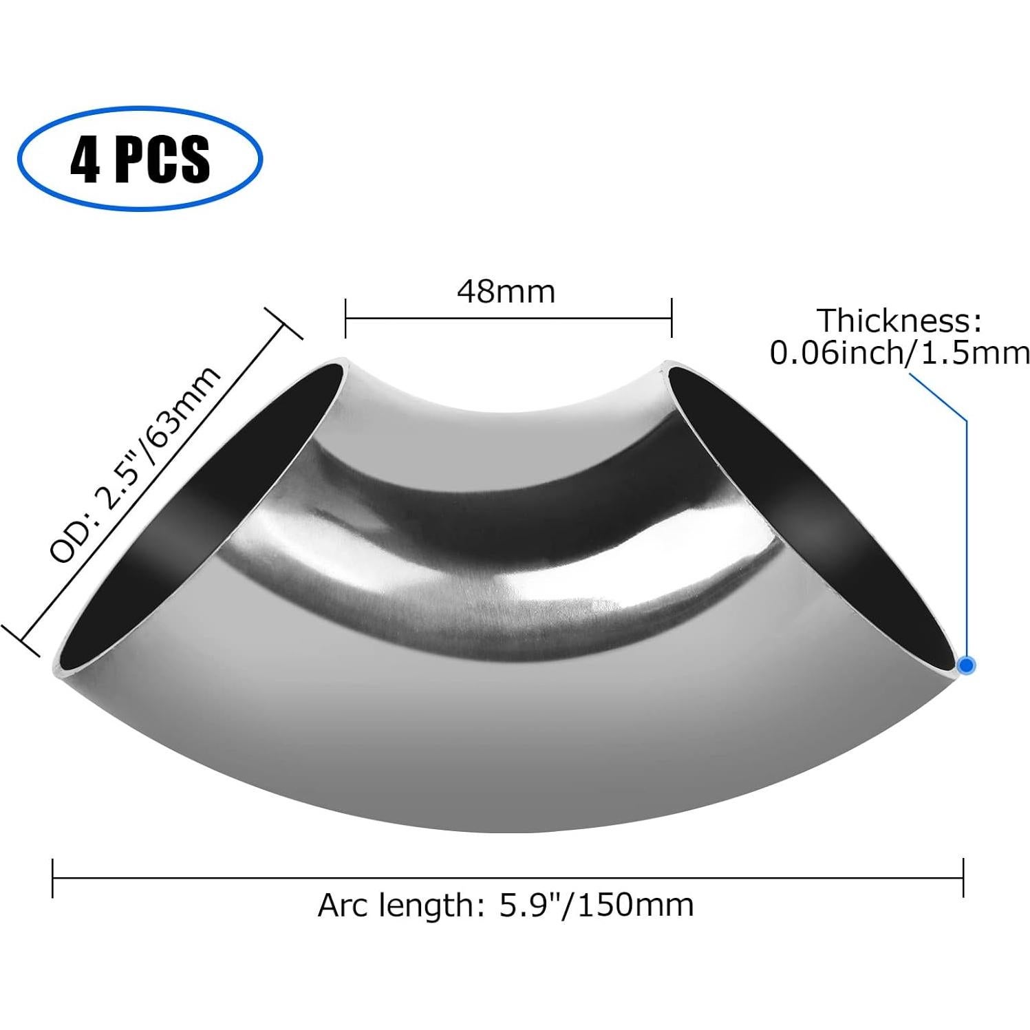 Codo de Escape ZOEYES 4 Pcs Acero Inoxidable 90 Grados 63 mm