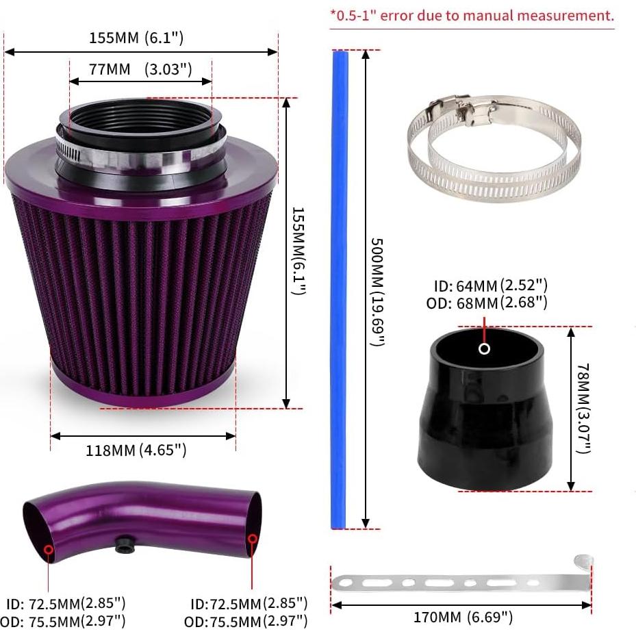 Kit de Entrada de Aire Frío BARTOO 3'' Aluminio Filtro Universal