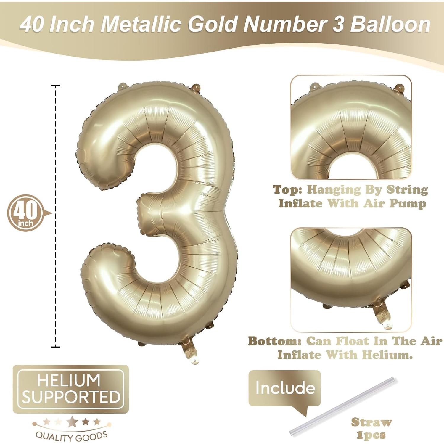 Globo Número 3 Dorado Claro 101,6 cm Mylar Helio Fiesta