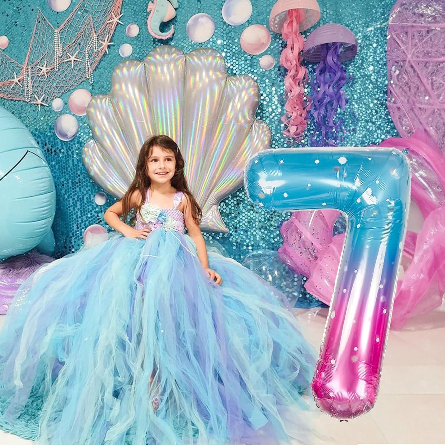 Globo Número 7 Sirena 40 cm Mylar Azul Rosa para Fiestas