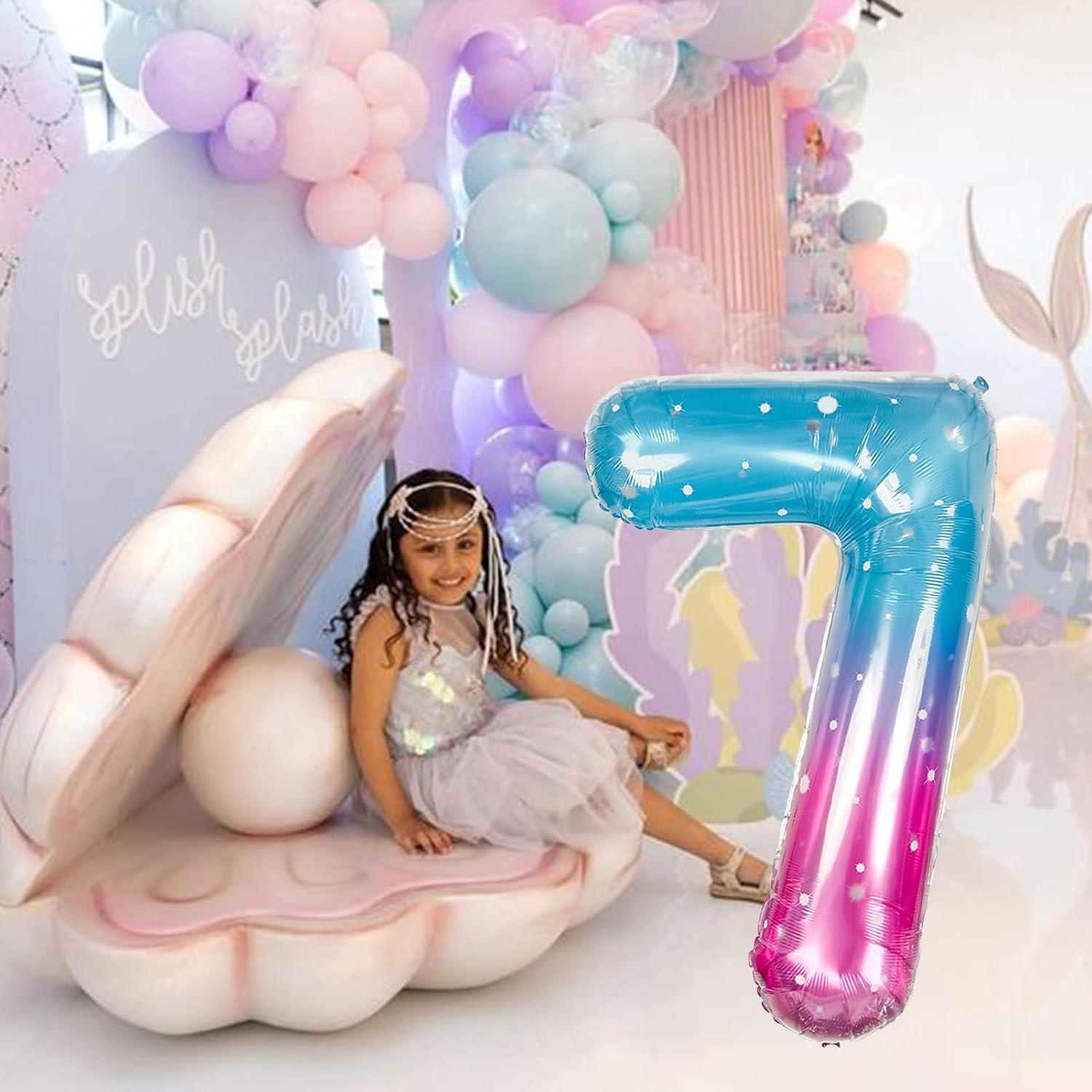 Globo Número 7 Sirena 40 cm Mylar Azul Rosa para Fiestas