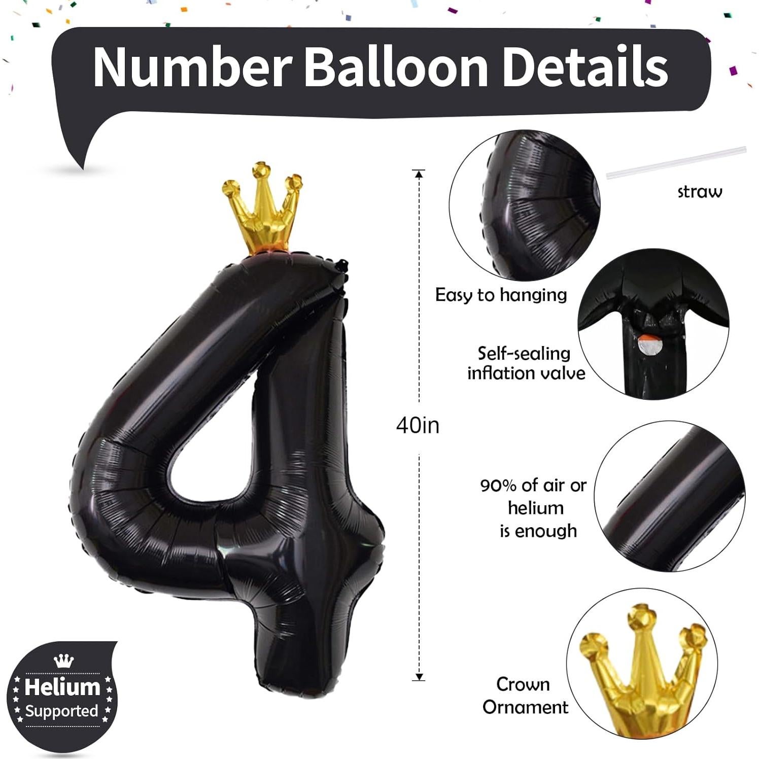 Globo de Número 4 Negro Crown 101,6 cm para Fiestas