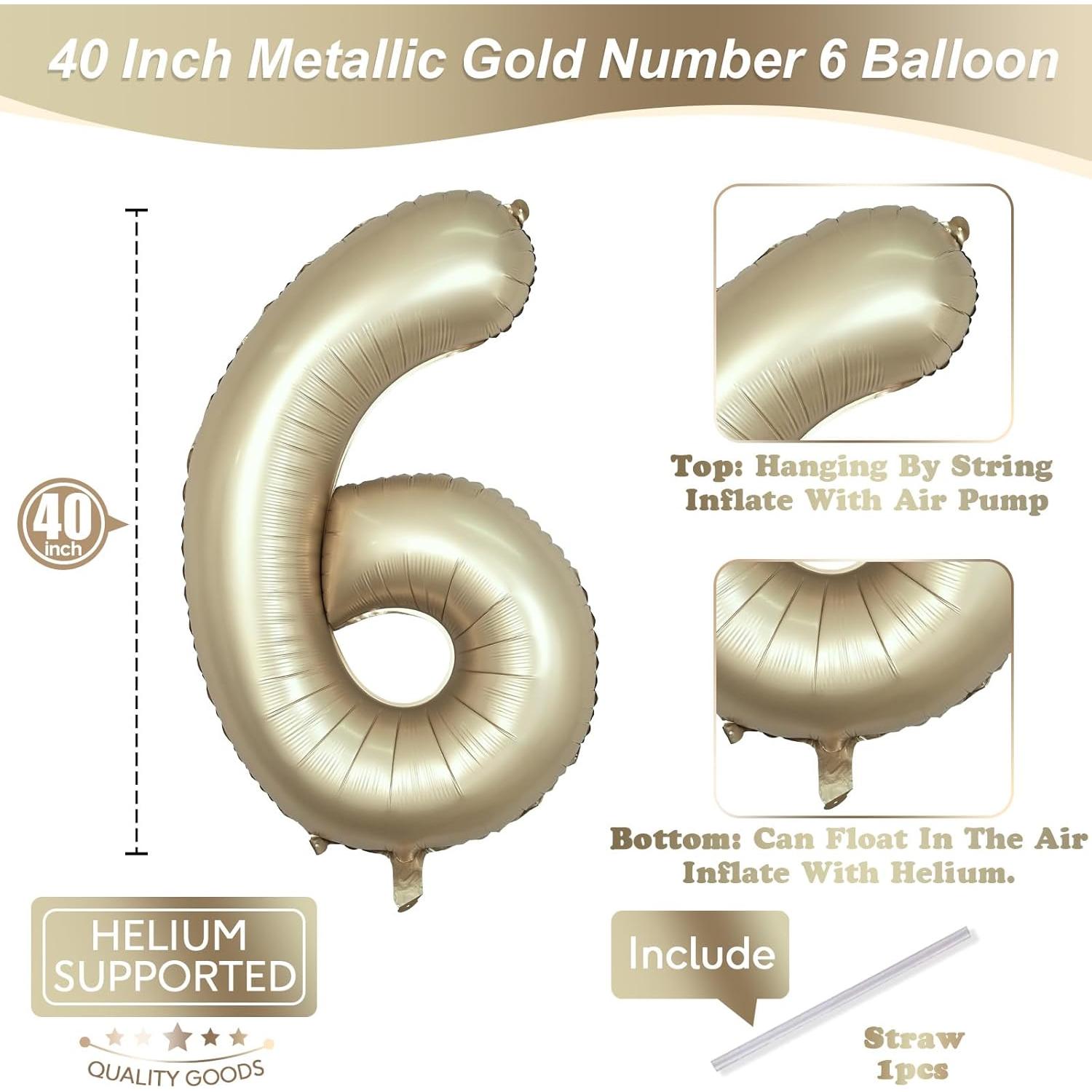 Globo de Número 6 Metálico Oro Claro 100 cm para Fiestas