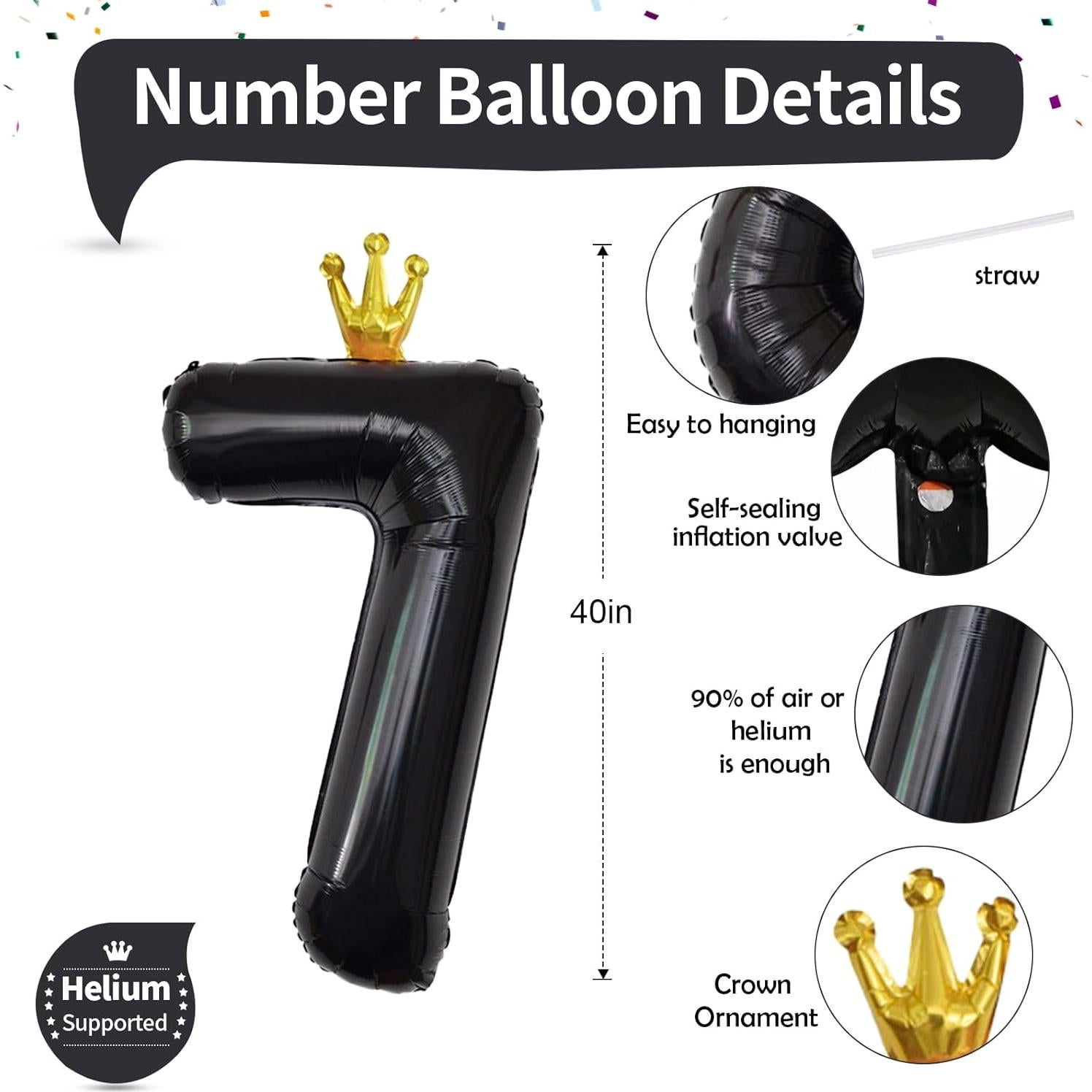 Globo Número 7 Black Crown 101,6 cm para Cumpleaños