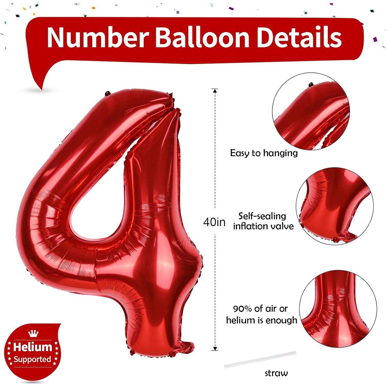 Globo de Número 4 Rojo 101,6 cm Autoinflable para Fiestas