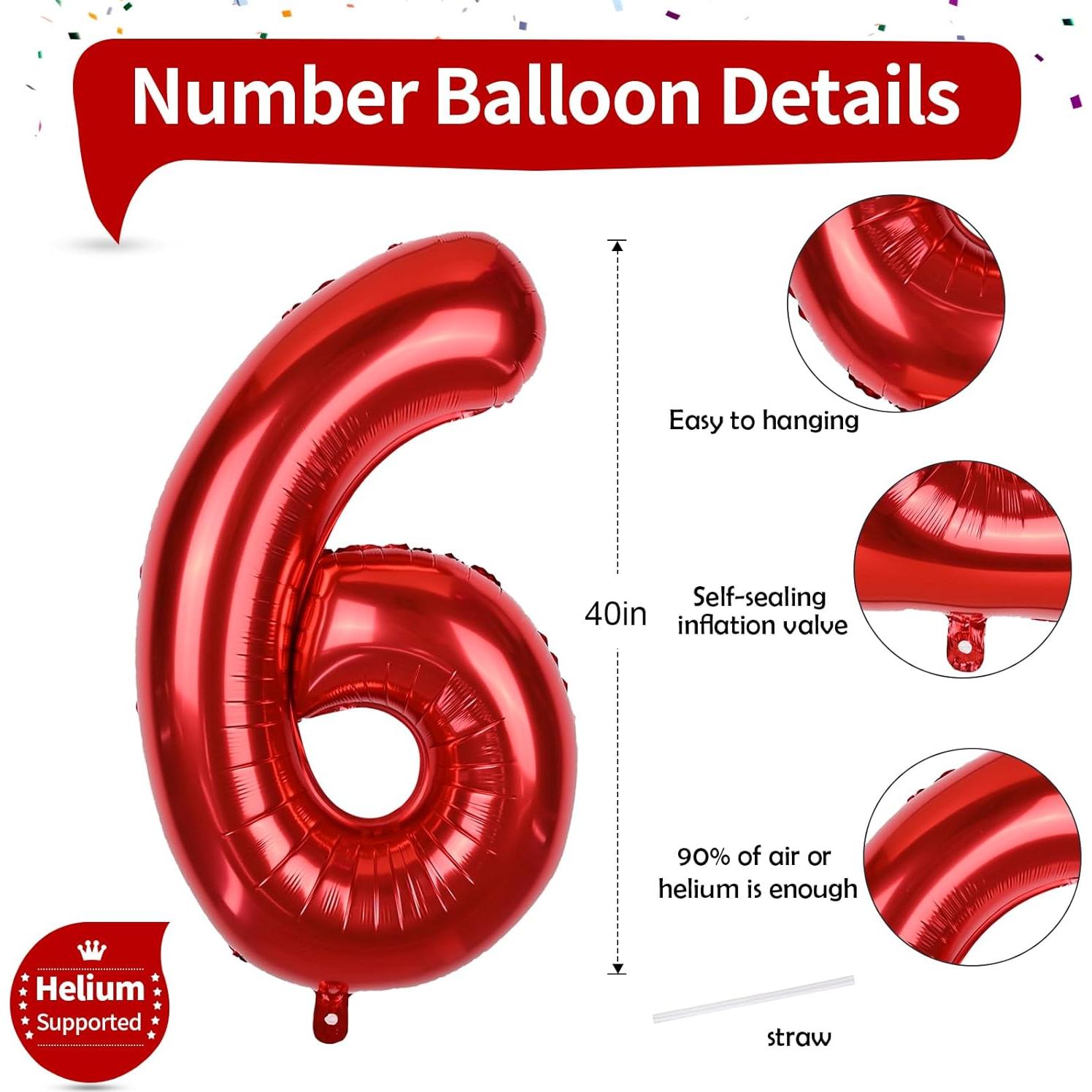 Globo de Número 6 Rojo 101,6 cm Foil Autoinflable